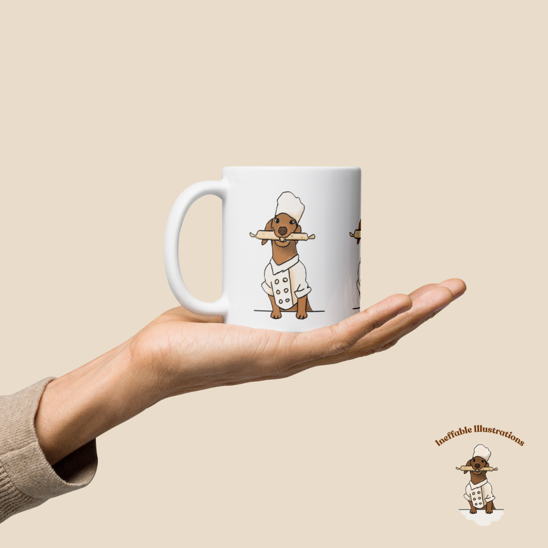 Mug "Oliver cooking". Sausage Dog Chef Mug, Cute White Glossy Coffee Cup, Adorable Dachshund Gift, Dog Lover's Kitchen Decor & Accessories