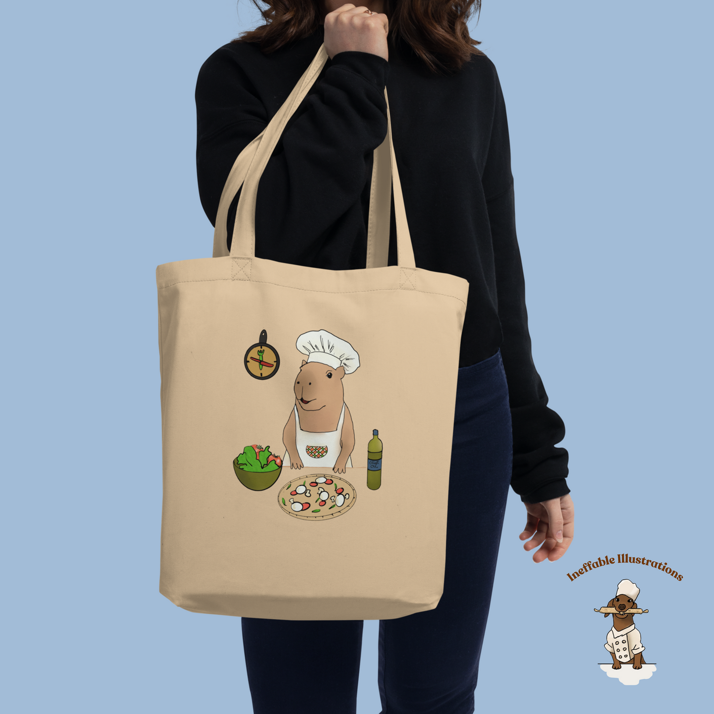 Eco Tote Bag with Cute Hand Drawn Capybara Jolly Chef Making Pizza & Salad, Reusable Shopping Bag, Eco-Friendly Gift Idea