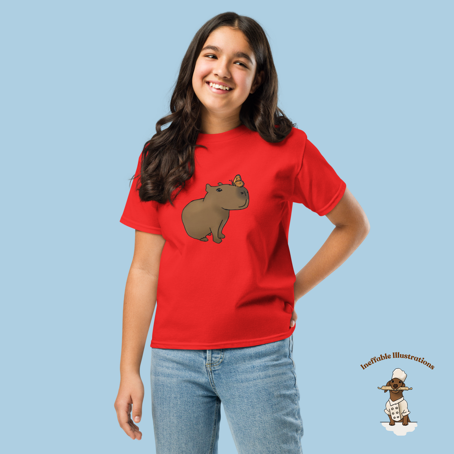 Youth Classic Tee with Hand Drawn Cute Capybara Jolly with Butterfly Shirt Kids Animal Graphic Top - Ineffable Illustrations