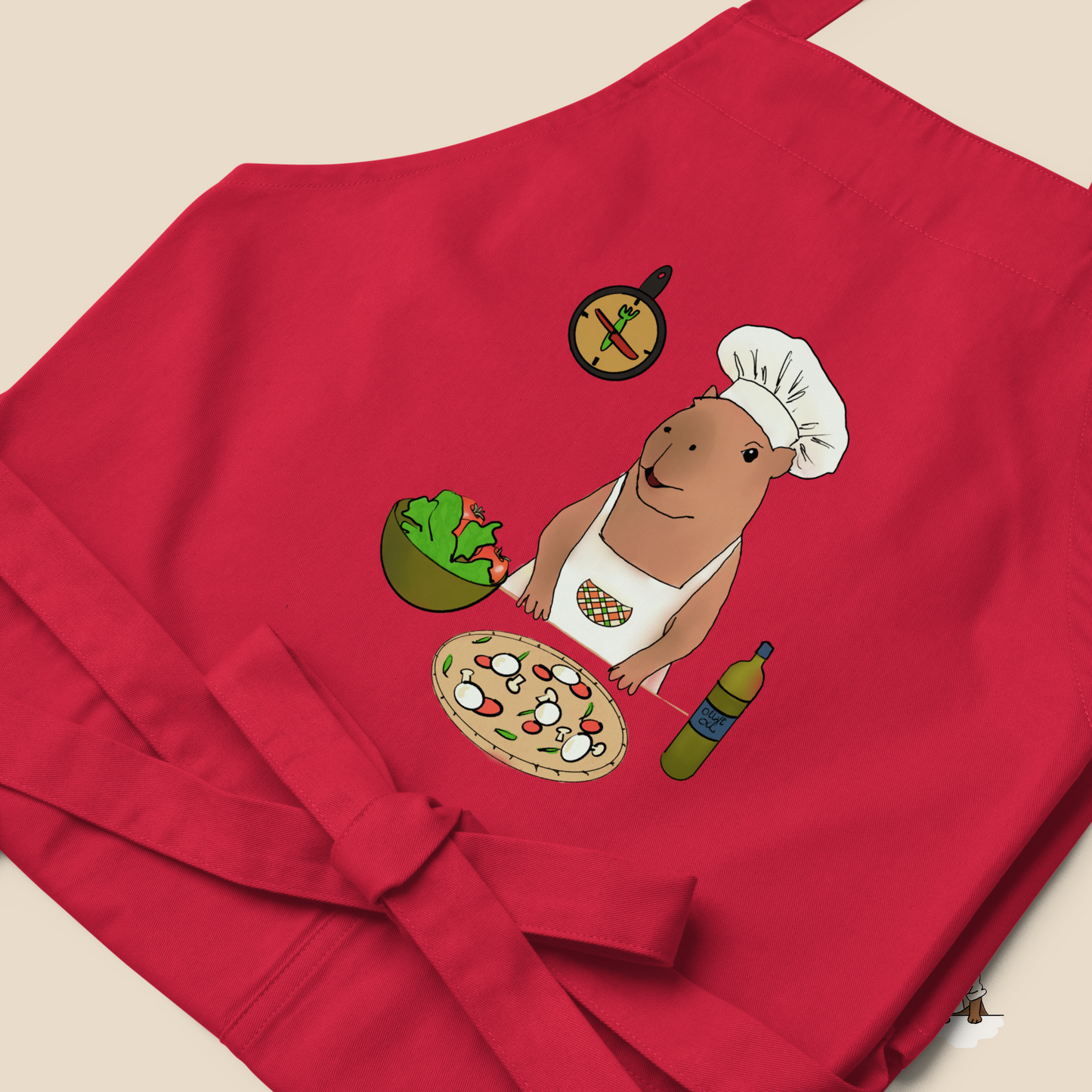 Organic Cotton Apron with Capybara Jolly | Cute Kitchen Apron for Healthy Cooking, Pizza & Salad Making, Gift for Chefs