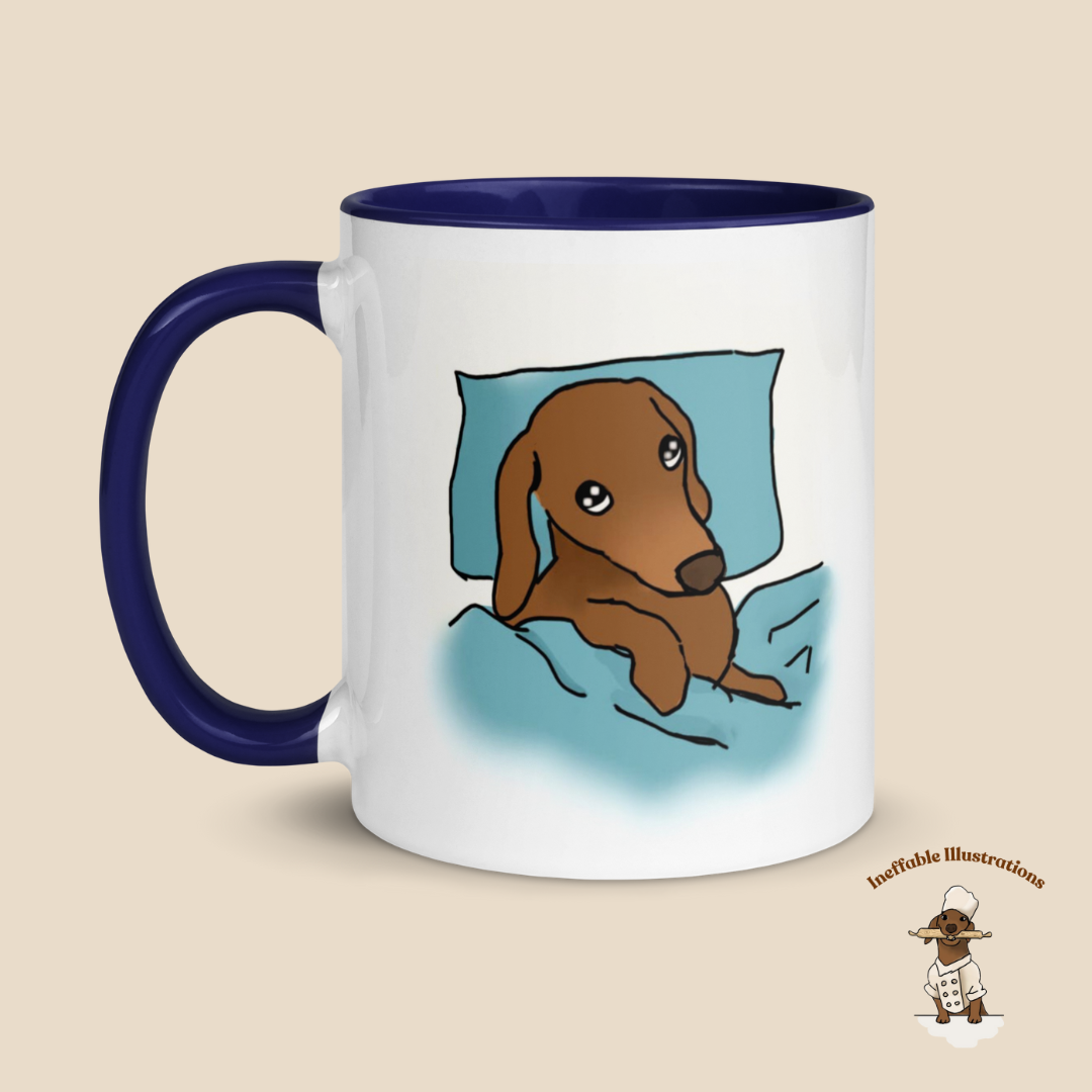 Mug "Sleepy Oliver". Dachshund Mug with Color Inside - Hand-Illustrated Cute Dog Design by Teen Artist, Unique Gift for Dog Lovers & Pet Owners