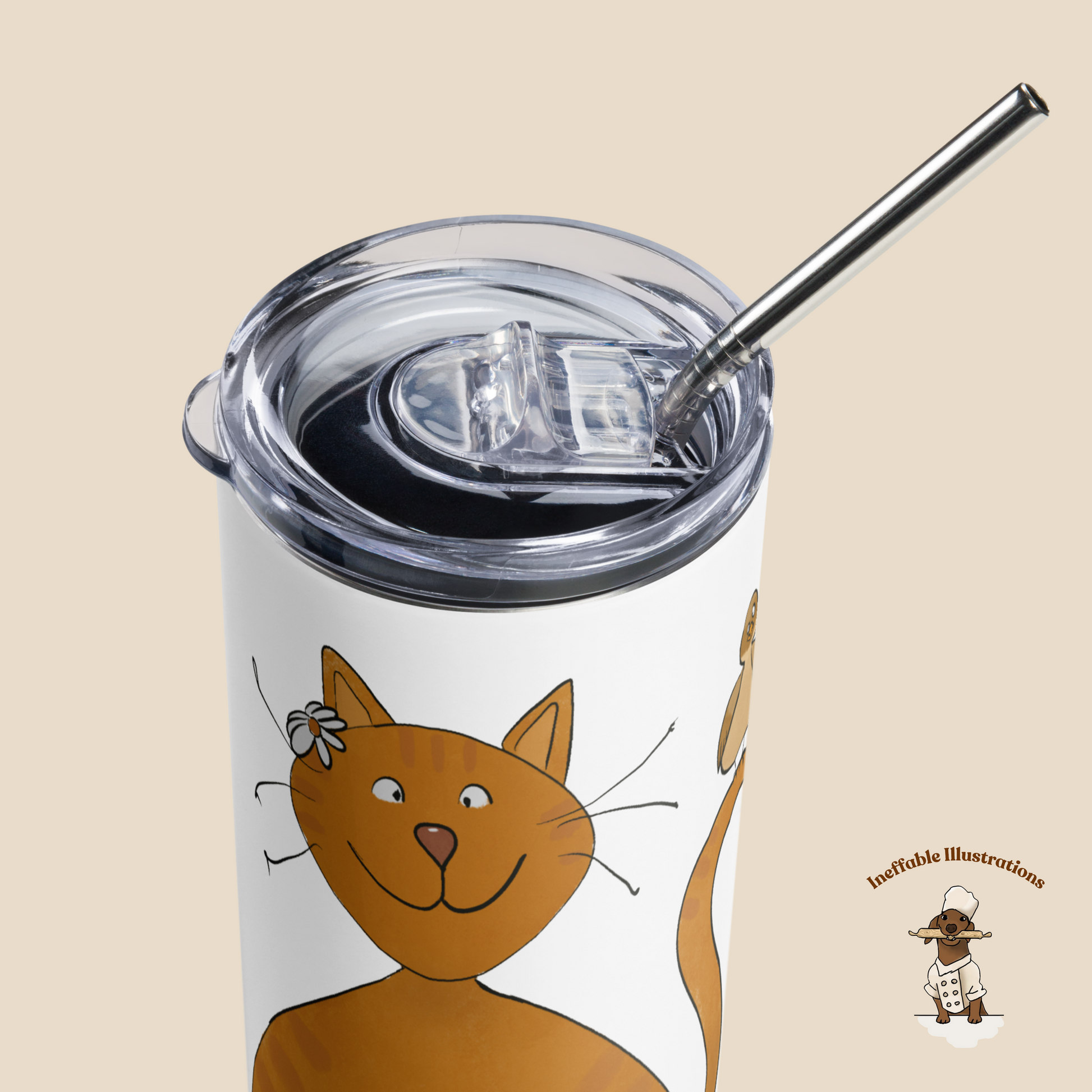 Funny Ginger Cat Stainless Steel Tumbler – Hand-Drawn Anti-Stress Cat, Reusable Travel Tumbler with Metal Straw - Ineffable Illustrations