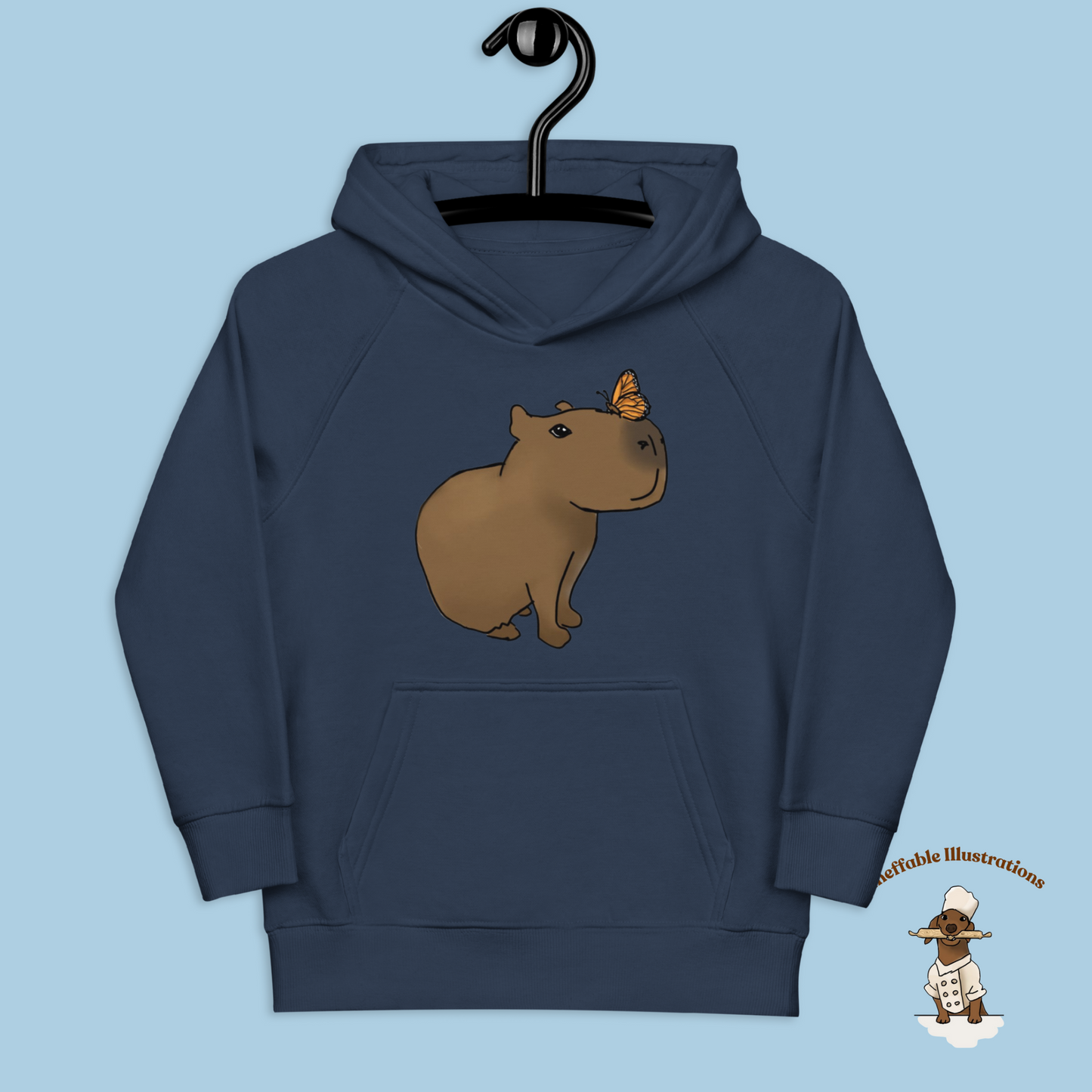 Kids Eco Hoodie with Capybara Jolly and Butterfly Design Drawn by Hand | Comfortable Organic Cotton Sweatshirt for Boys and Girls