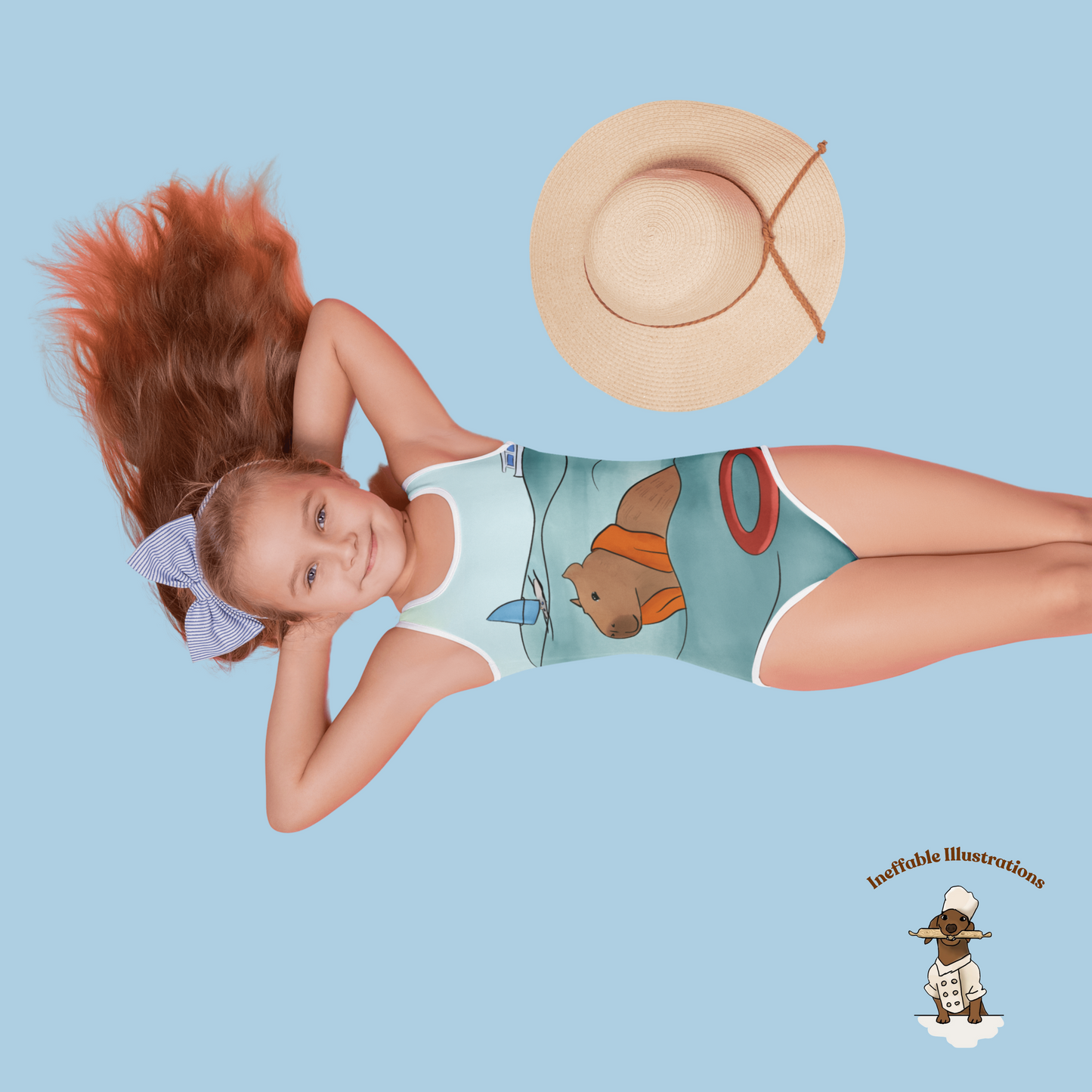 Kids Swimsuit with Cute Hand Drawn Capybara Jolly Enjoying Summer In The Sea Design, Toddler Bathing Suit, Beachwear for Girls