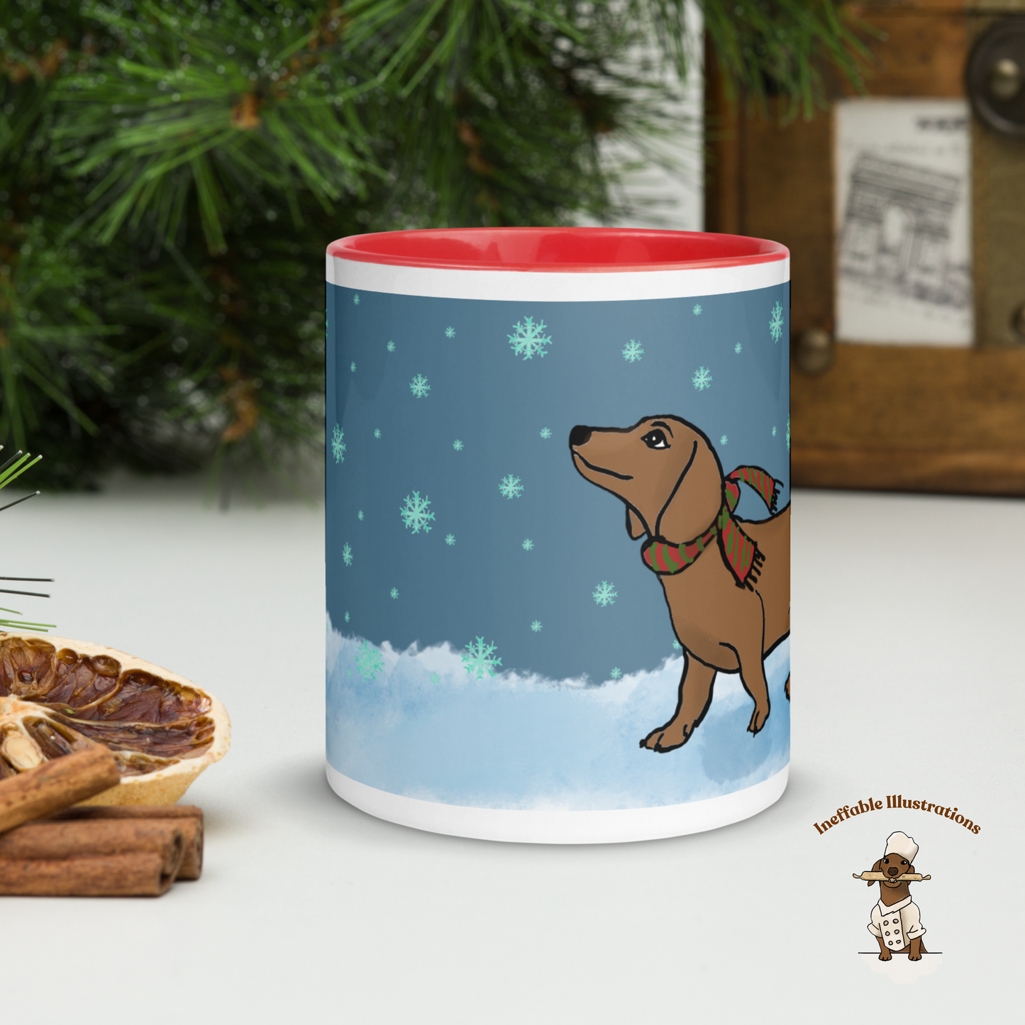 Christmas Mug. Dachshund Mug with Color Inside, dachshund Oliver Enjoying Winter Snow Design, Cute Dog Lover Gift, Cozy Hot Beverage Cup, Drawn by Hand