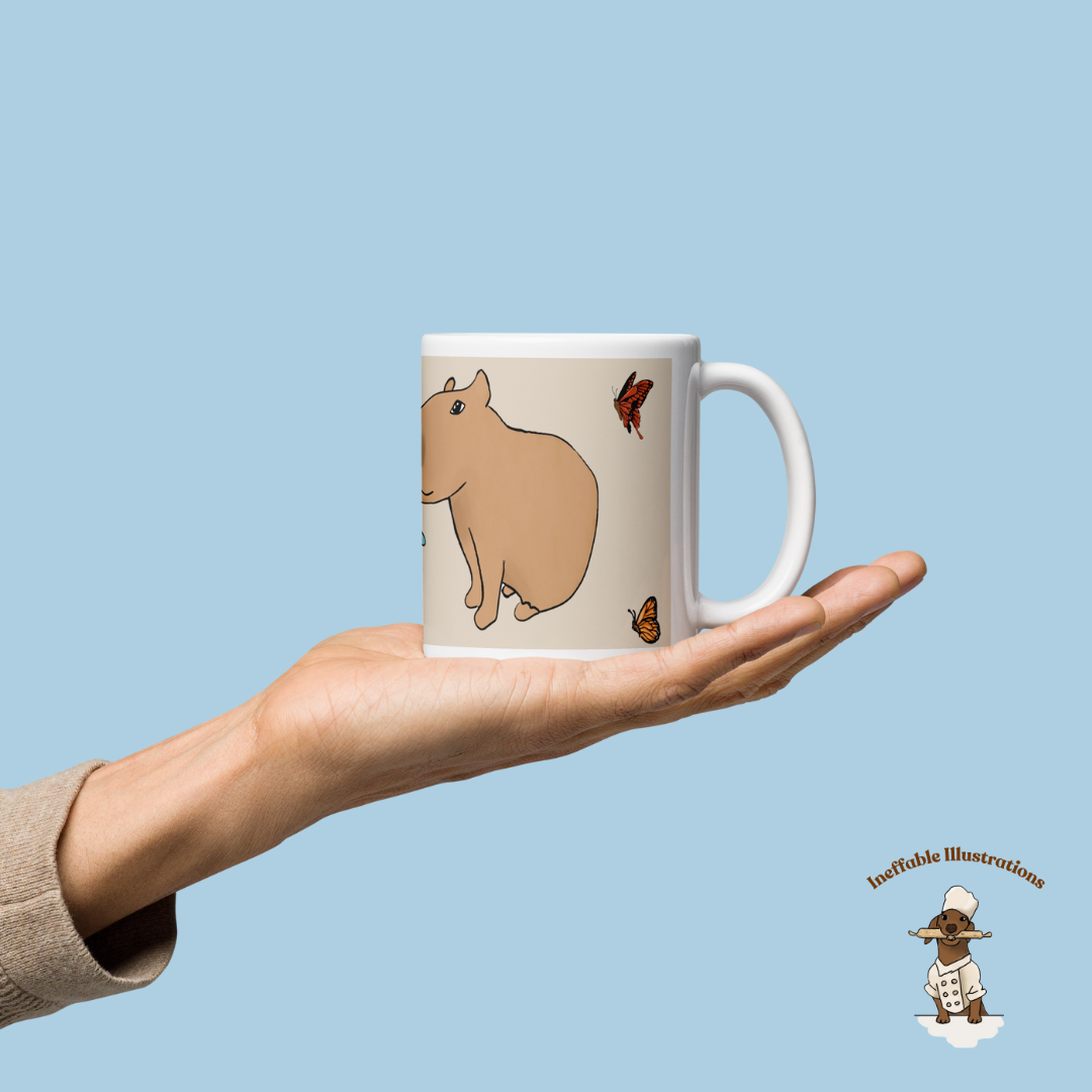 Capybara Mug - White Glossy Tea Cup with Jolly Capybara, Caterpillar & Butterflies, Cute Animal Coffee Mug, Gift for Animal Lovers