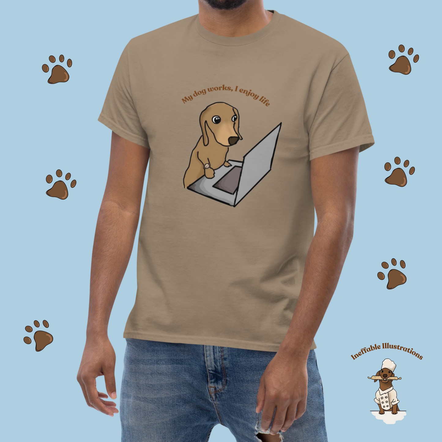 Shirt "Oliver works, I enjoy life". Funny Dog Illustration Tee | Hand-drawn Design | Trendy 100% Cotton Shirt