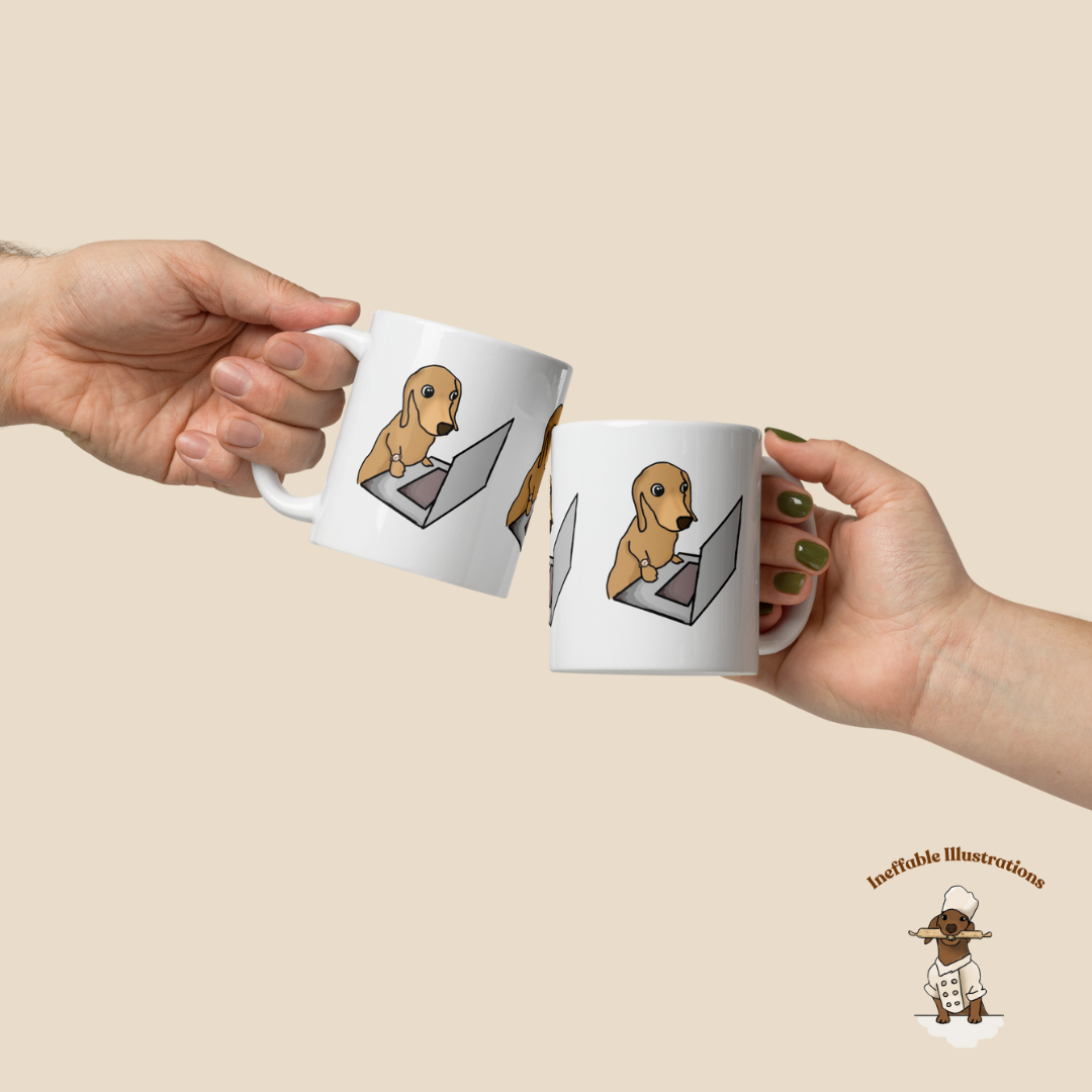 Mug "Dachshund Oliver working on computer". Cute sausage dog mug. White glossy mug.