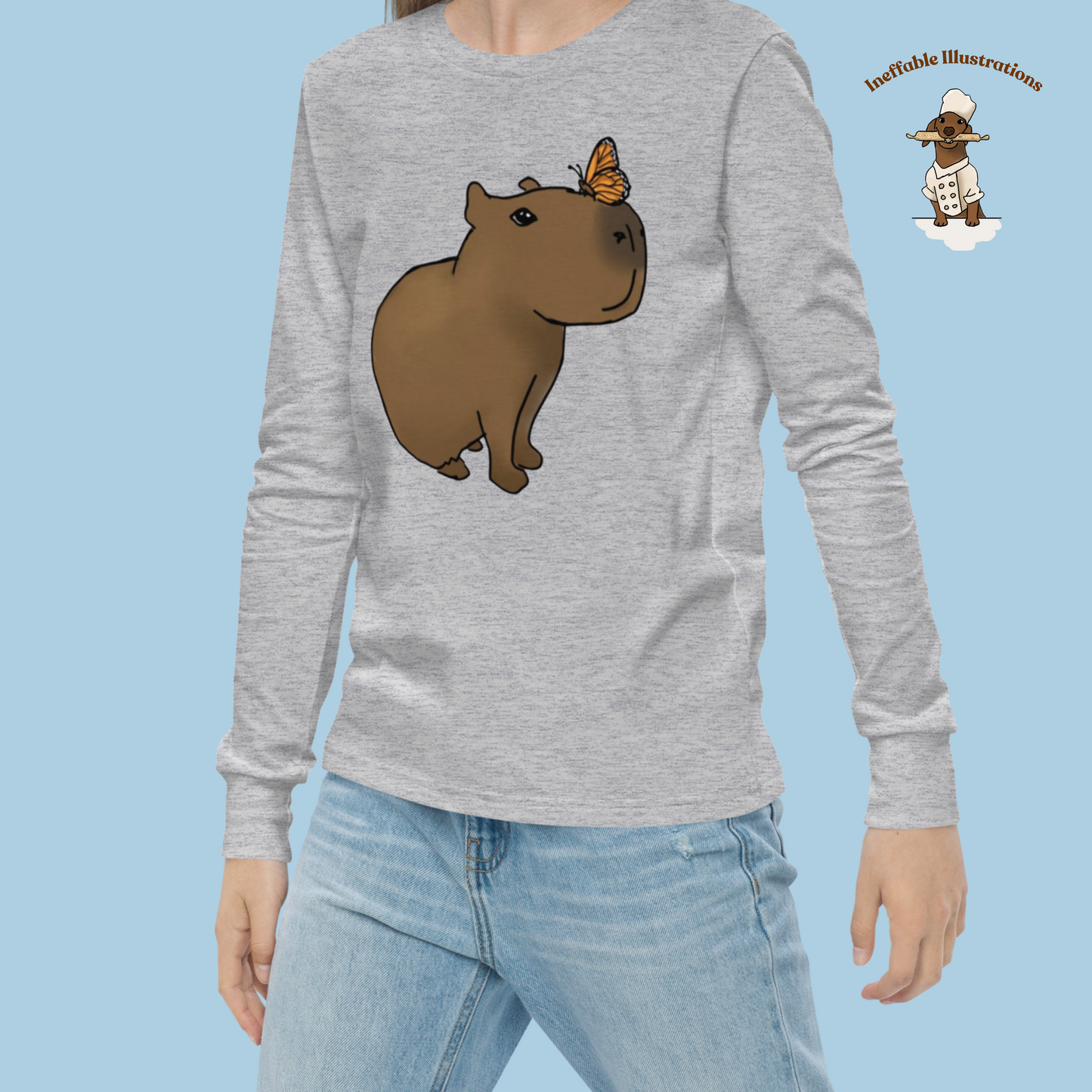 Kid Shirt. Cute Youth Long Sleeve Capybara Jolly Shirt, Handcrafted Design by Teen, Soft Airlume Cotton