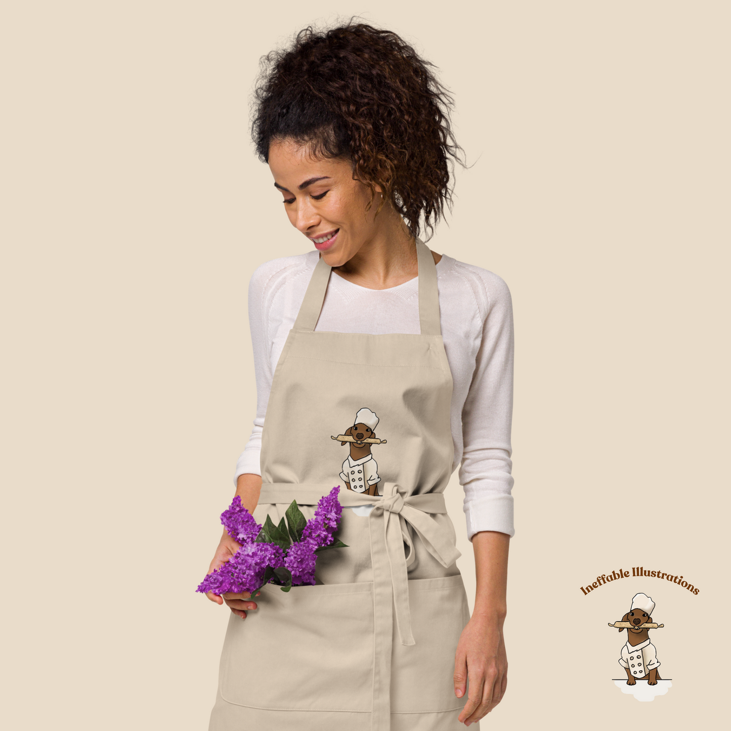 Organic cotton apron with the cute image of sausage dog chef