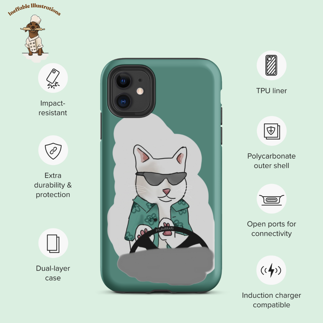 IPhone case. Durable Dual-Layer iPhone Case Featuring Ralph the Cat in a Luxurious Car - Fun & Functional!