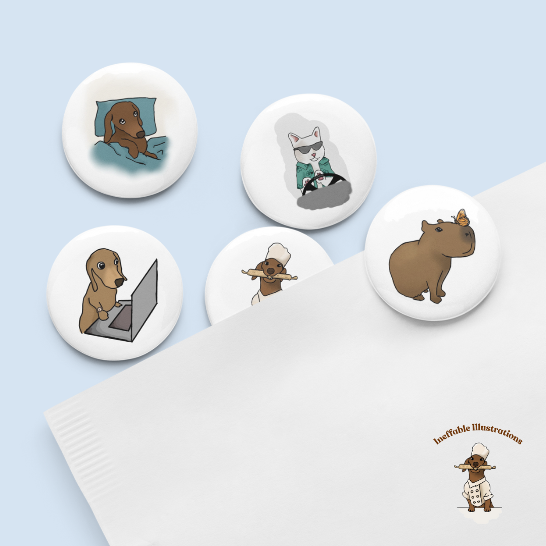 Set of Pin Buttons "Oliver and his friends", Hand Drawn Illustrations of Dachshund Oliver, Capybara Jolly & Cat Ralph, Cute Animal Friends Gifts