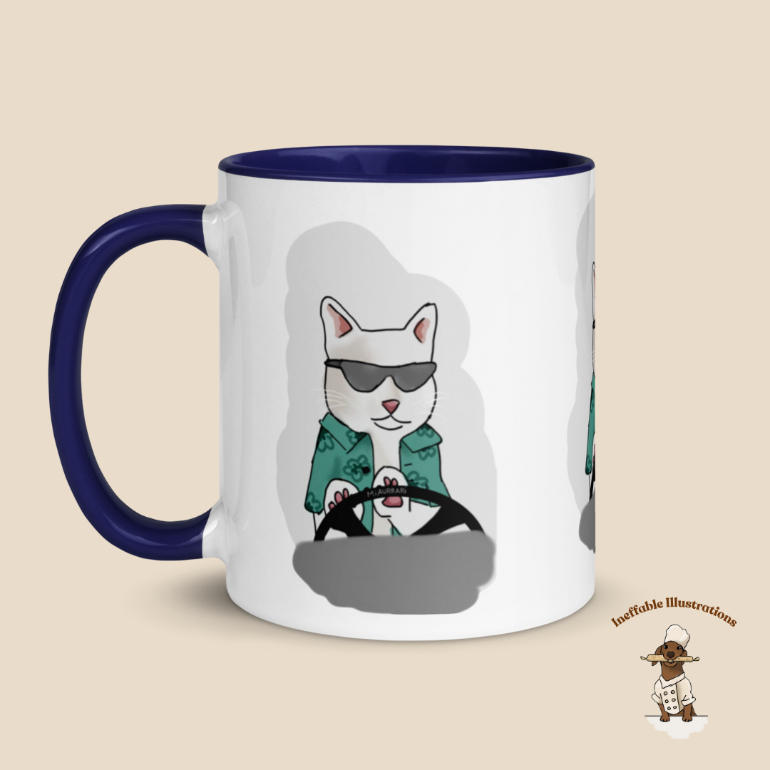 Mug "Ralph driving his luxury car Miaurrari". Cat Driving Car Mug | Funny Illustrated Coffee Cup with Color Inside | Hand-Drawn Design for Cat Lovers | Unique Gift Idea