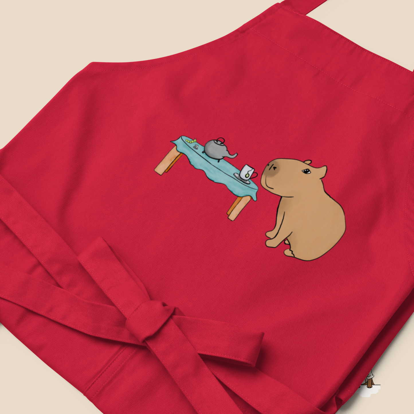 Organic Cotton Apron with Cute Capybara Drinking Tea with Caterpillar - Hand Drawn Illustration, Eco-Friendly Kitchen Accessory