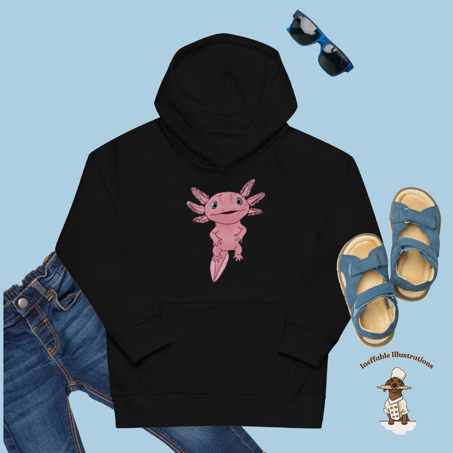 Kids Eco Hoodie with Cute Axolotl Albert - Organic Cotton, Eco-Friendly, Adorable Design for Boys & Girls, Sustainable Fashion