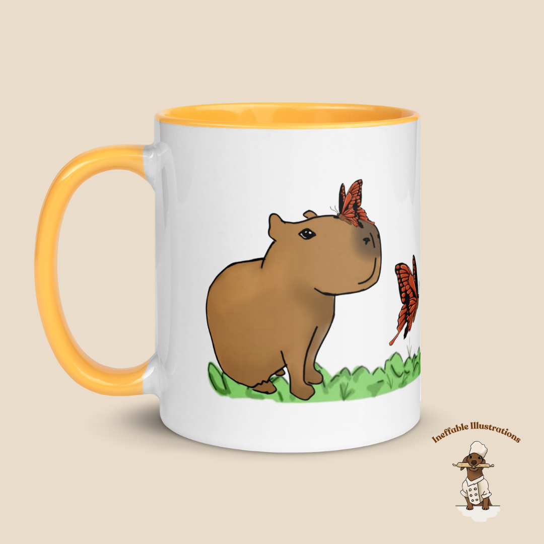 Mug "Jolly playing with butterflies". Hand-drawn Capybaras and Butterflies Ceramic Mug - Colorful and Charming!