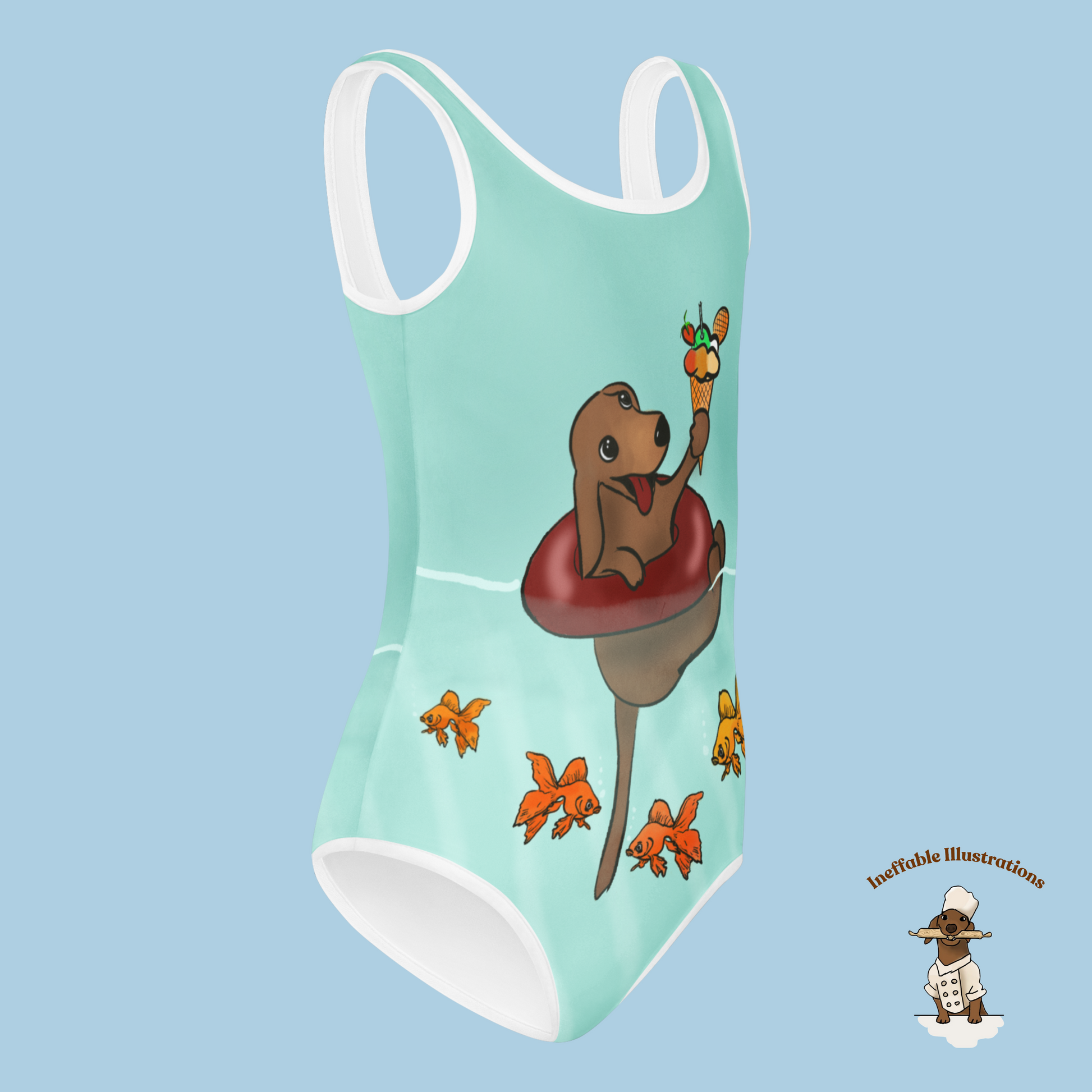 Kids Swimsuit Cute Dachshund Oliver Floating in Sea with Ice Cream & Small Fishes Underwater Beachwear - Ineffable Illustrations
