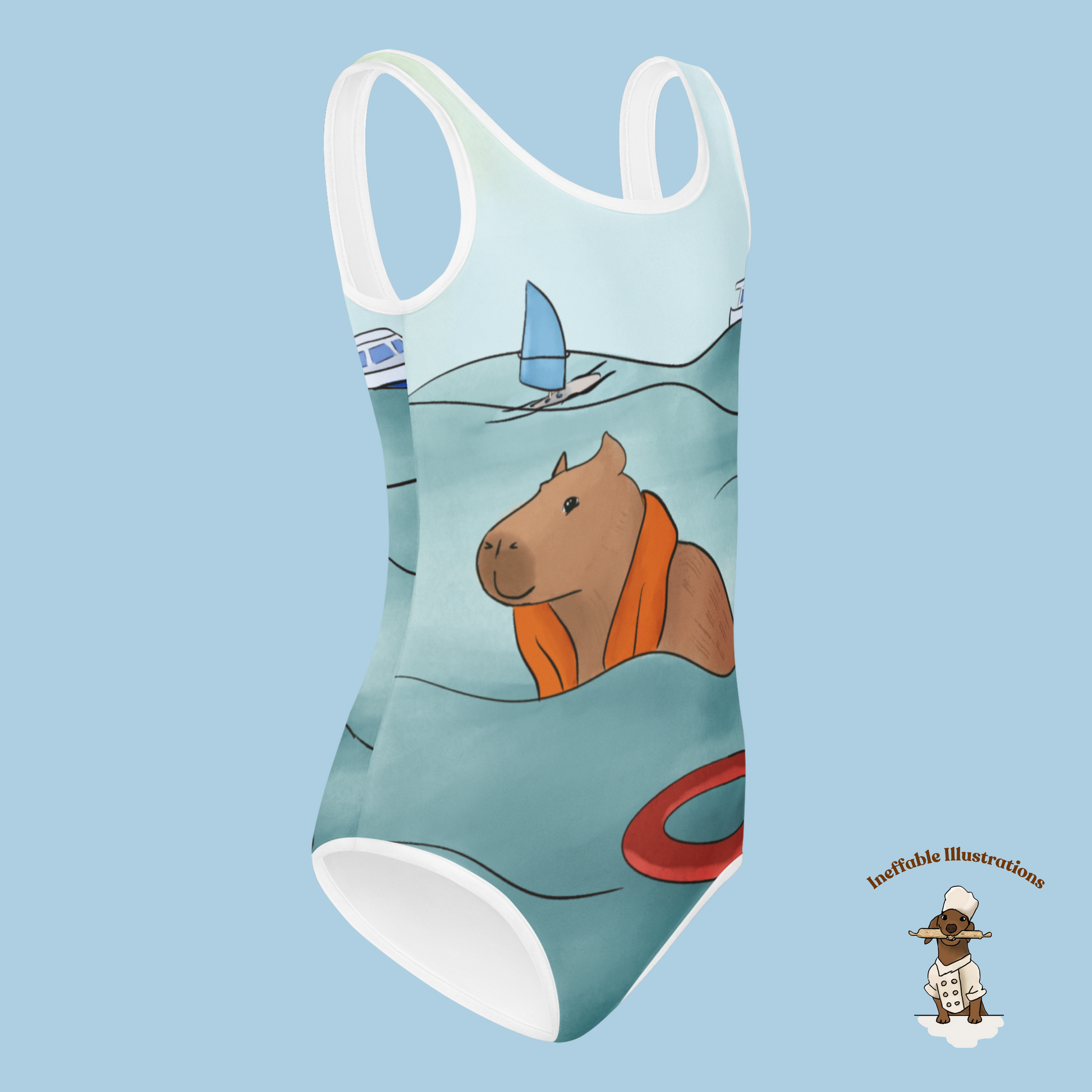 Kids Swimsuit with Cute Hand Drawn Capybara Jolly Enjoying Summer In The Sea Design, Toddler Bathing Suit, Beachwear for Girls - Ineffable Illustrations