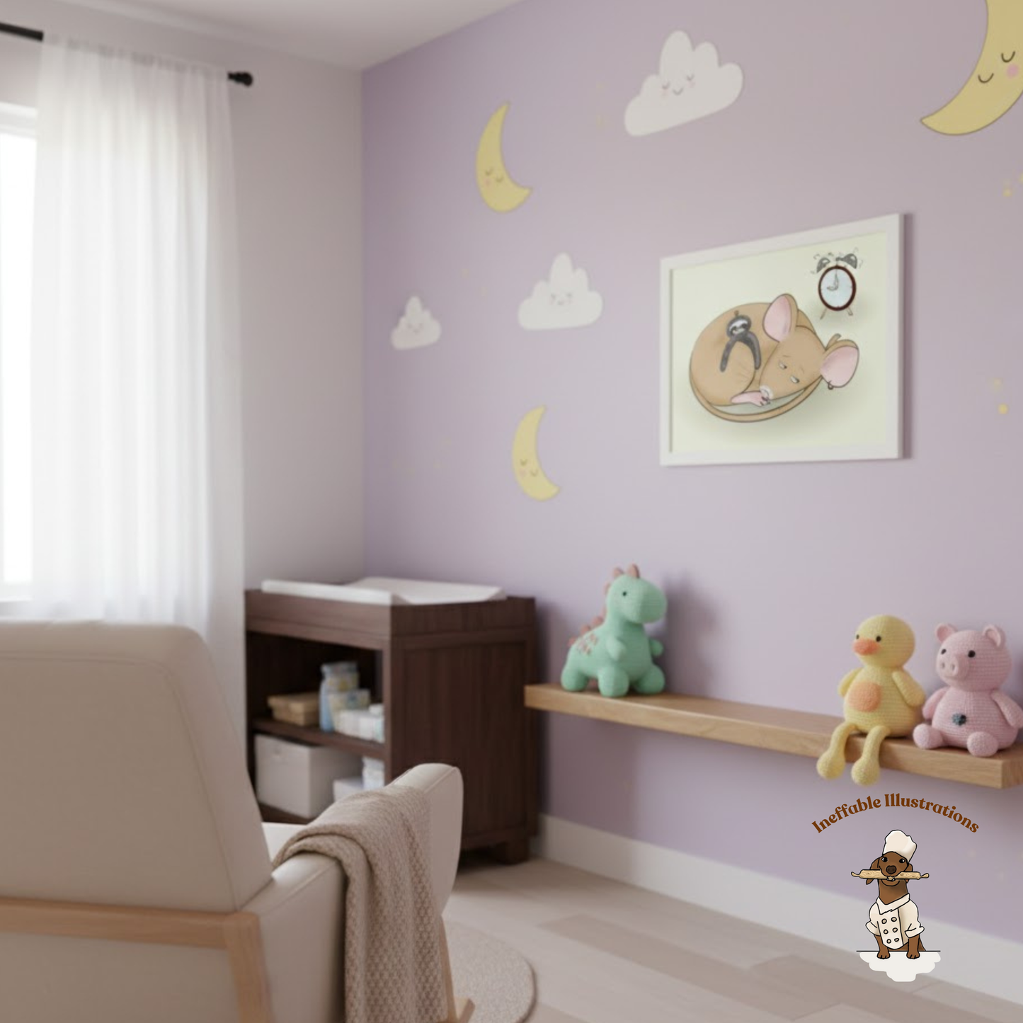 Sleepy Pedro Mouse with Sloth Toy - Nursery & Kids Room Framed Poster (Green)