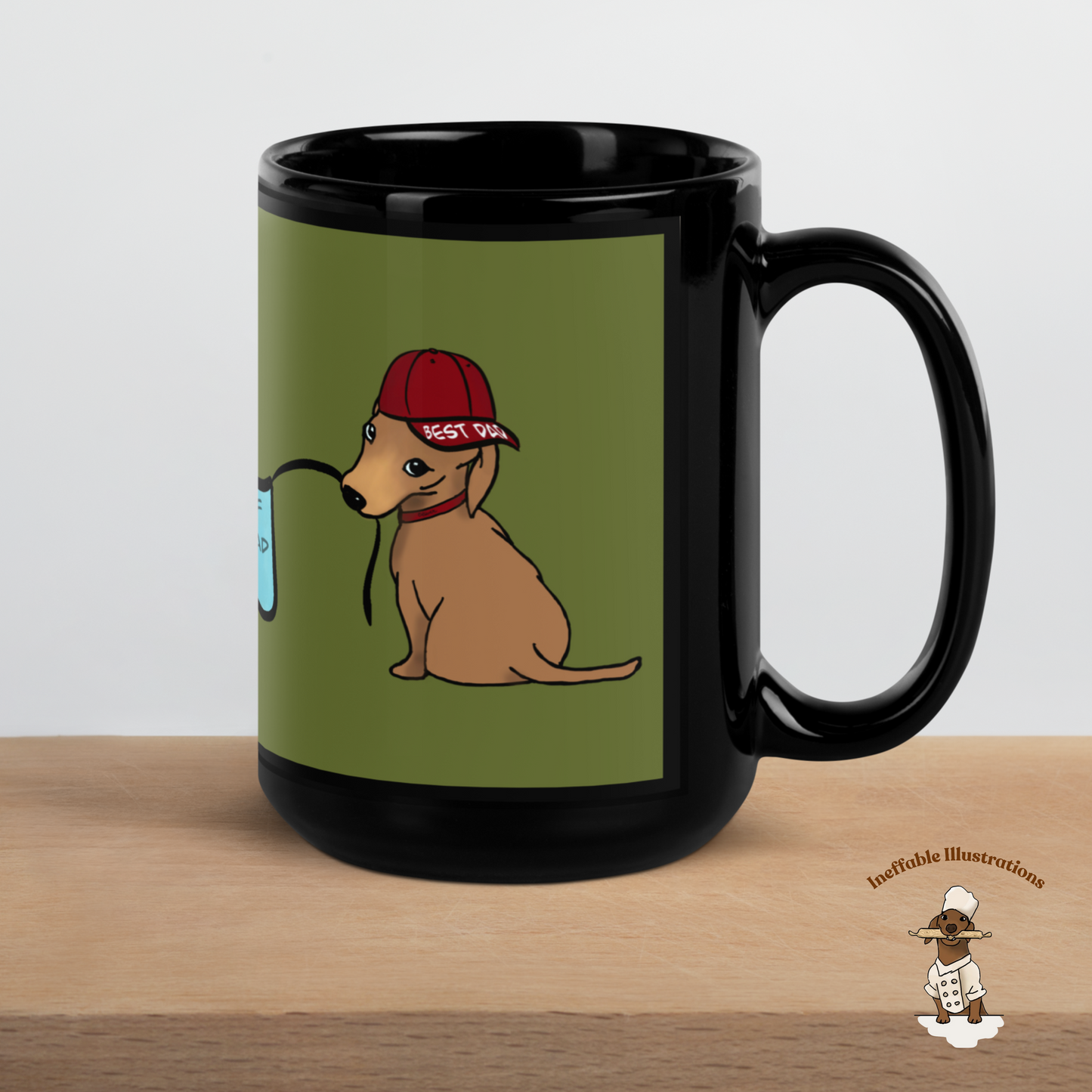 Black Glossy Dad Mug with Cute Hand Drawn Dachshunds Holding Sign - Best Dad Ever Coffee Cup Gift for Fathers Day - Ineffable Illustrations
