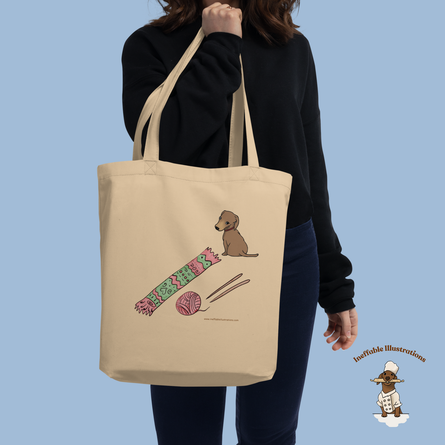 Eco Tote Bag with Cute Dachshund Oliver, Yarn, Knitting Needles and Knitted Scarf, Perfect for Dog Lovers & Crafters, Reusable Shopping Tote