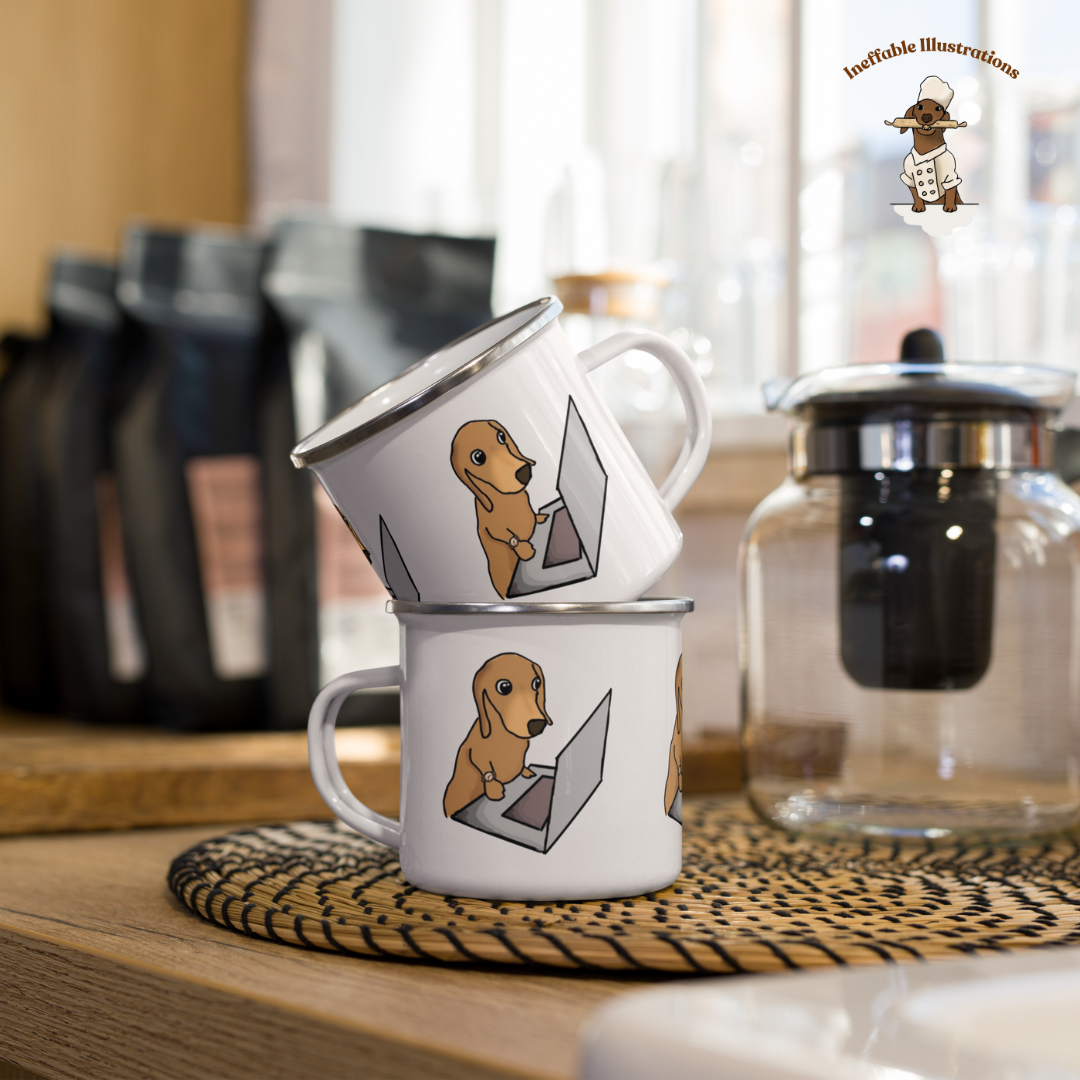 Mug. Enamal Mug "Oliver working on Computer". Cute sausage dog Enamel Mug. Dachshund lover gift