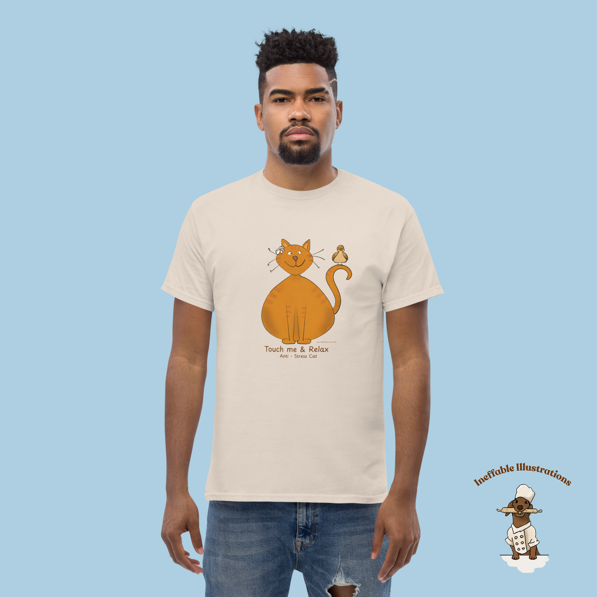 Funny Ginger Cat T-Shirt – Hand-Drawn Anti-Stress Cat with Relaxed Bird & “Touch Me & Relax” | Unisex 100% Cotton Classic Tee, Trendy Streetwear - Ineffable Illustrations