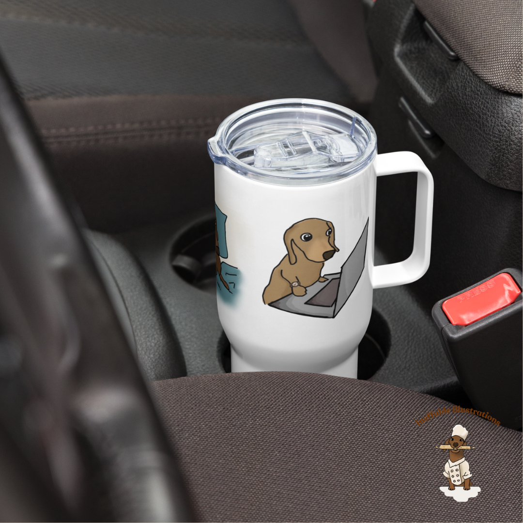 Mug "Oliver traveling with you". Dachshund Travel Mug with Handle: Cute dachshund Oliver Working on Computer, Cooking & Relaxing- Perfect Coffee Mug for any Activity!