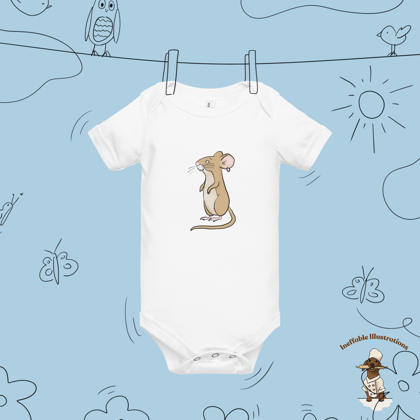 Baby Short Sleeve One Piece with Cute Mouse Pedro | Adorable Infant Bodysuit | Baby Shower Gift & Newborn Outfit