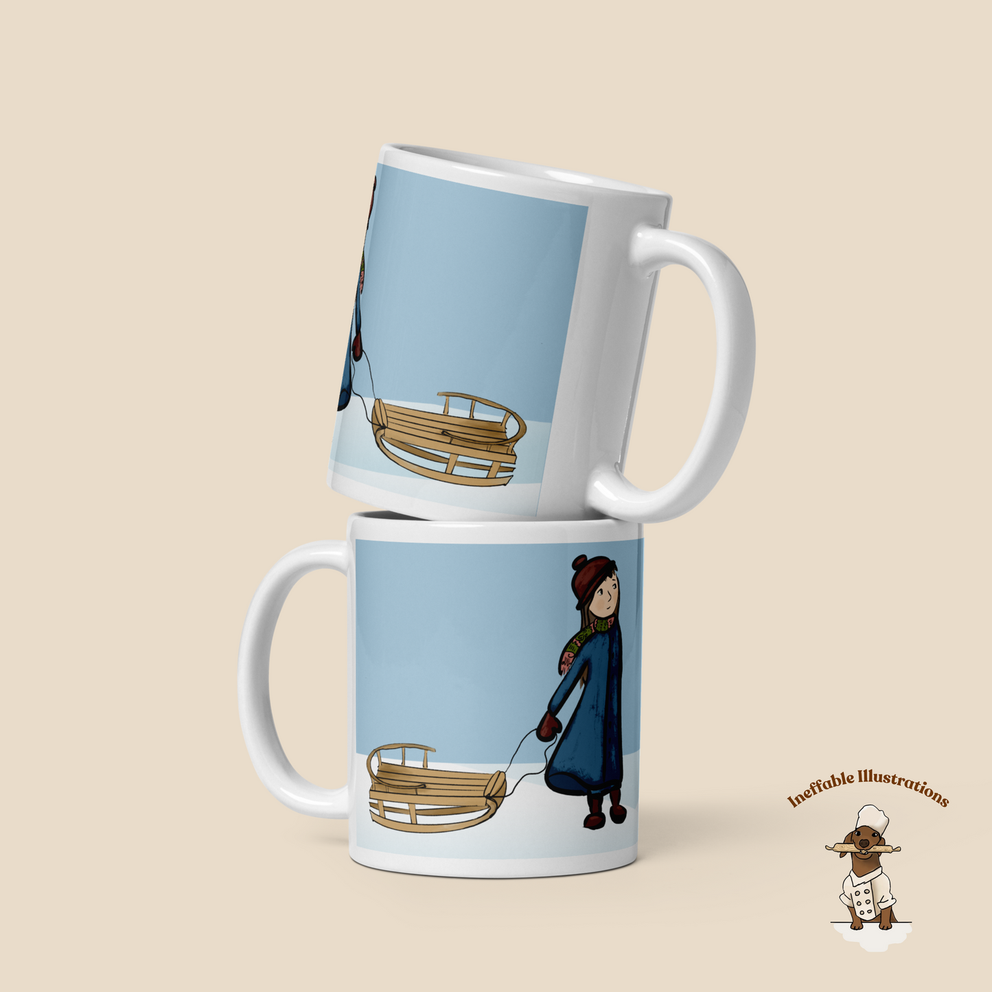 White Glossy Mug with Cute Little Girl Molly & Sleigh on Snow – Hand Drawn Winter Coffee Mup Gift