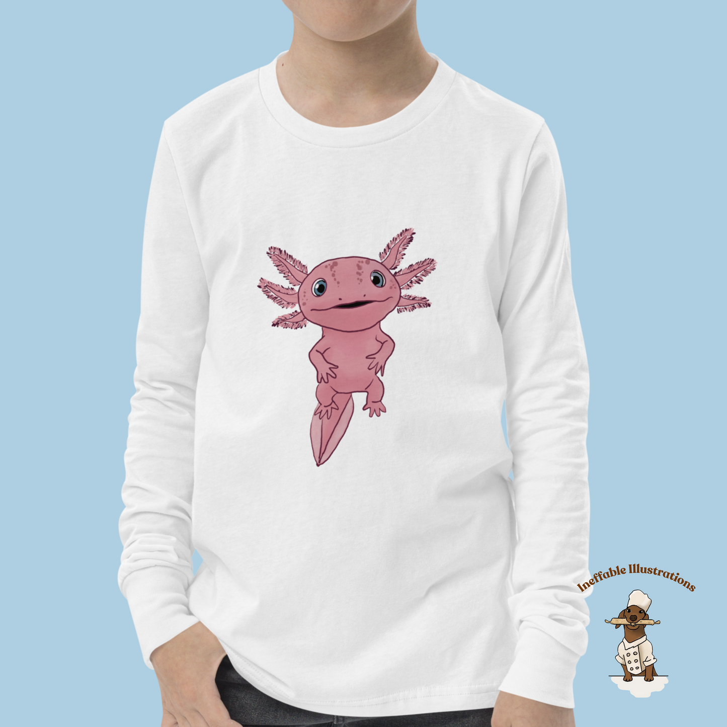 Axolotl Youth Long Sleeve Tee, Cute Axolotl Shirt for Kids, Adorable Hand Drawn Illustration Tee, Fun Gift for Boys & Girls