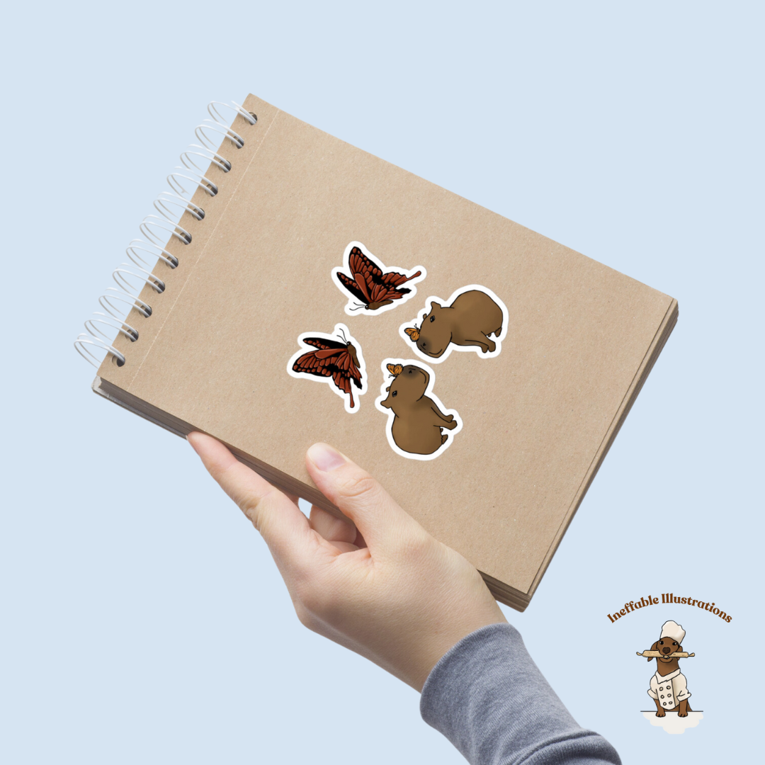 Sticker set "Jolly and her butterflies". Cute Capybara with Butterfly 4 Vinyl Sticker Pack | Easy Application & Long-Lasting