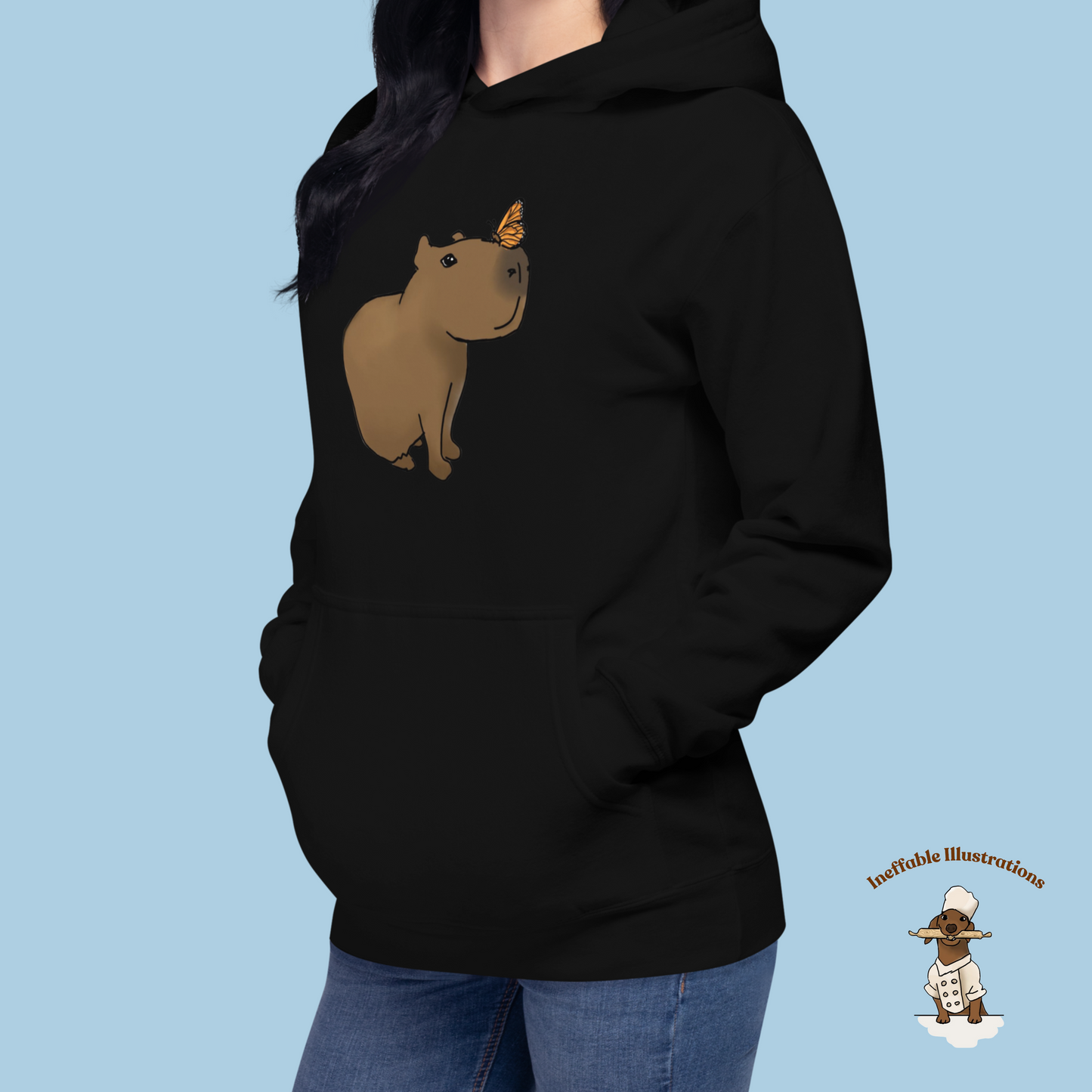 Unisex Hoodie with Cute Capybara Jolly with Butterfly Hand Drawn Print, Cozy & Stylish Apparel for Animal Lovers