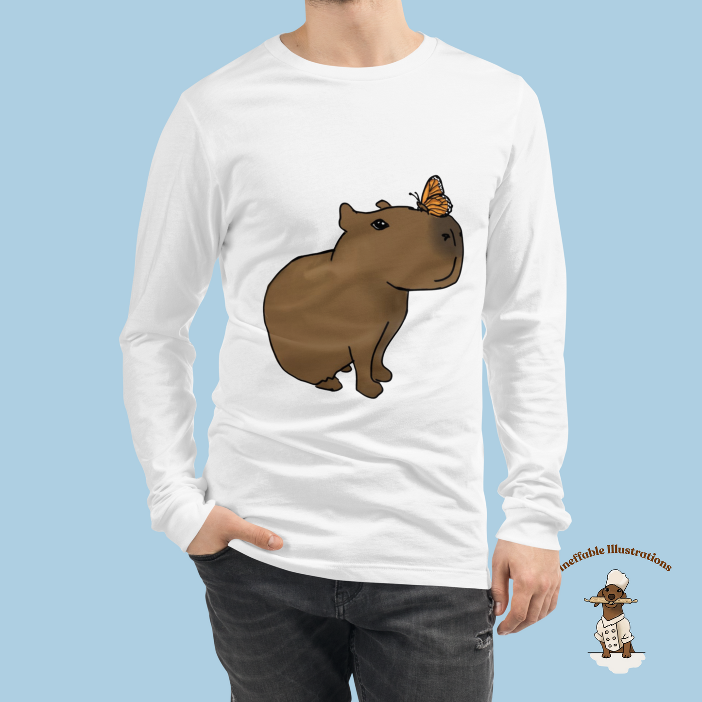 Shirt. Unisex Long Sleeve Shirt with cute Capybara Jolly with butterfly illustration, drawn by hand. Capybara shirt