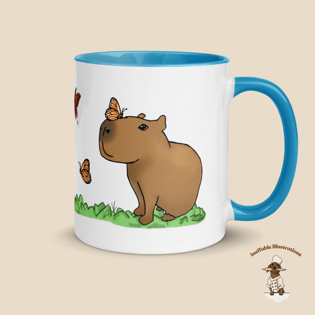 Mug "Jolly playing with butterflies". Hand-drawn Capybaras and Butterflies Ceramic Mug - Colorful and Charming!