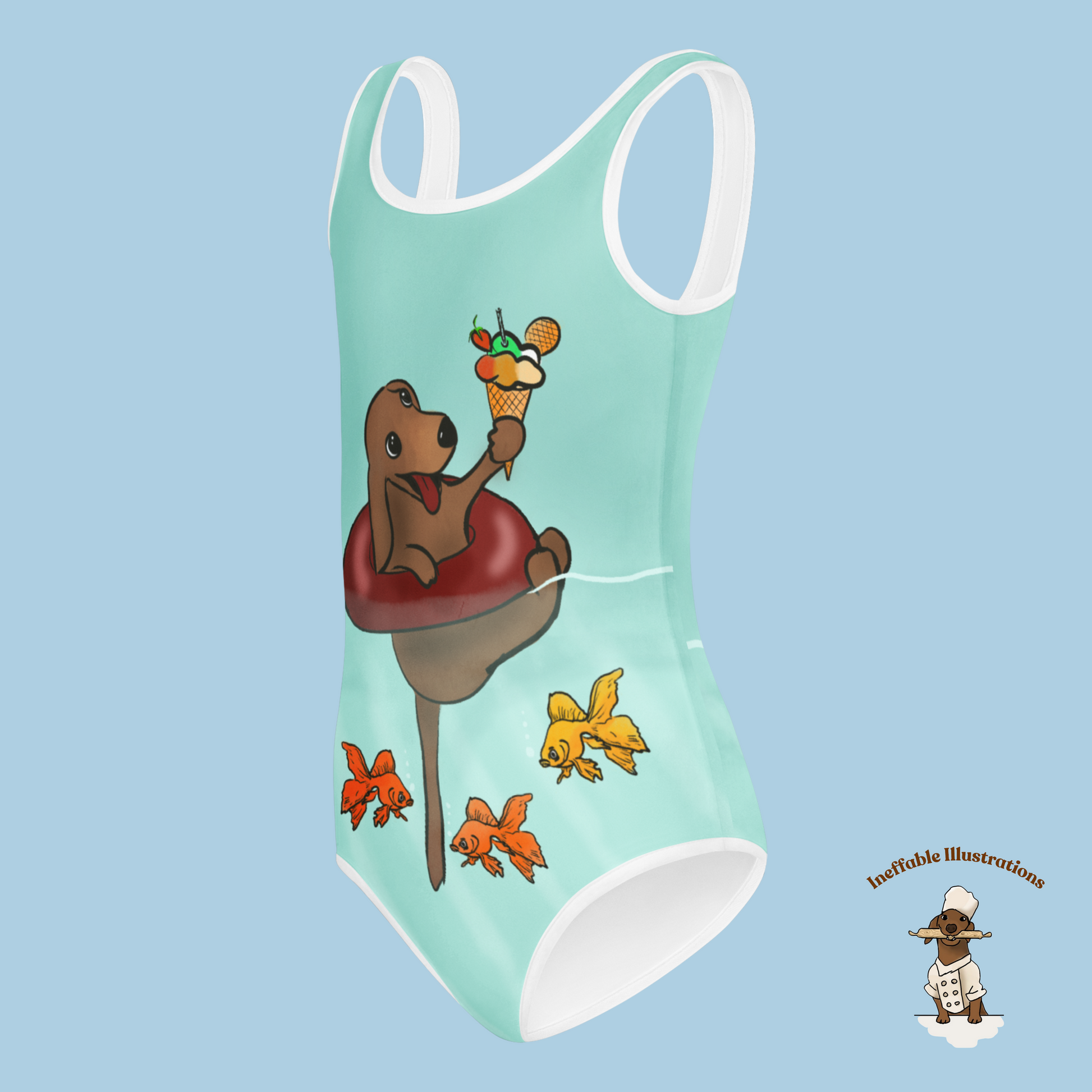 Kids Swimsuit Cute Dachshund Oliver Floating in Sea with Ice Cream & Small Fishes Underwater Beachwear - Ineffable Illustrations