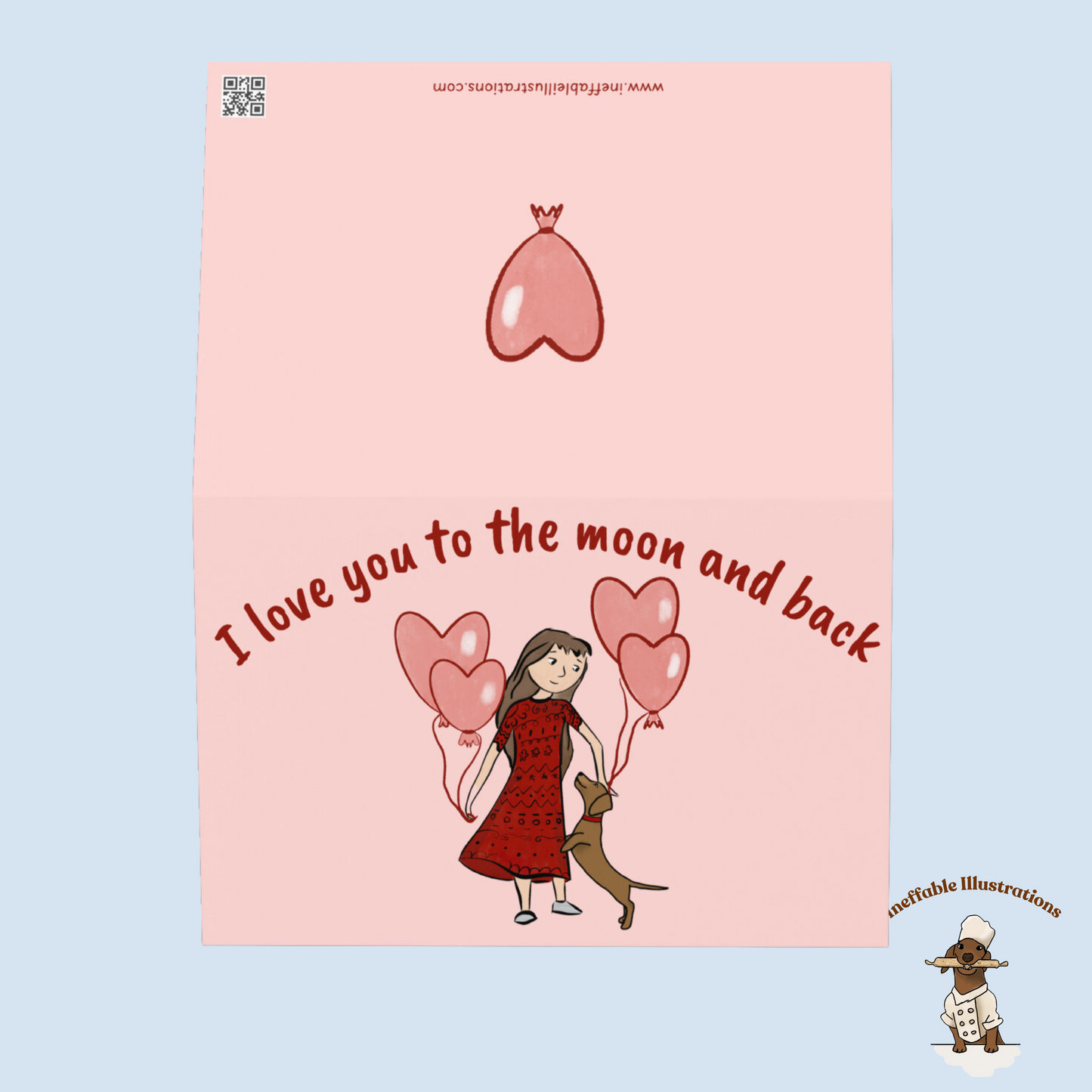 St. Valentin Greeting Card with Cute Dachshund & Girl - I Love You to the Moon and Back, Dog Lover Gift