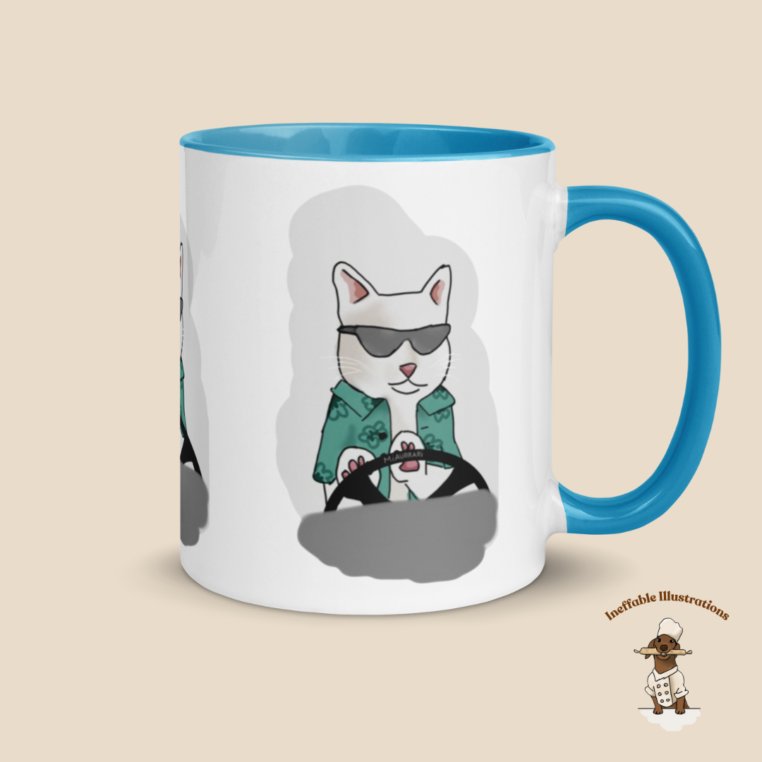 Mug "Ralph driving his luxury car Miaurrari". Cat Driving Car Mug | Funny Illustrated Coffee Cup with Color Inside | Hand-Drawn Design for Cat Lovers | Unique Gift Idea