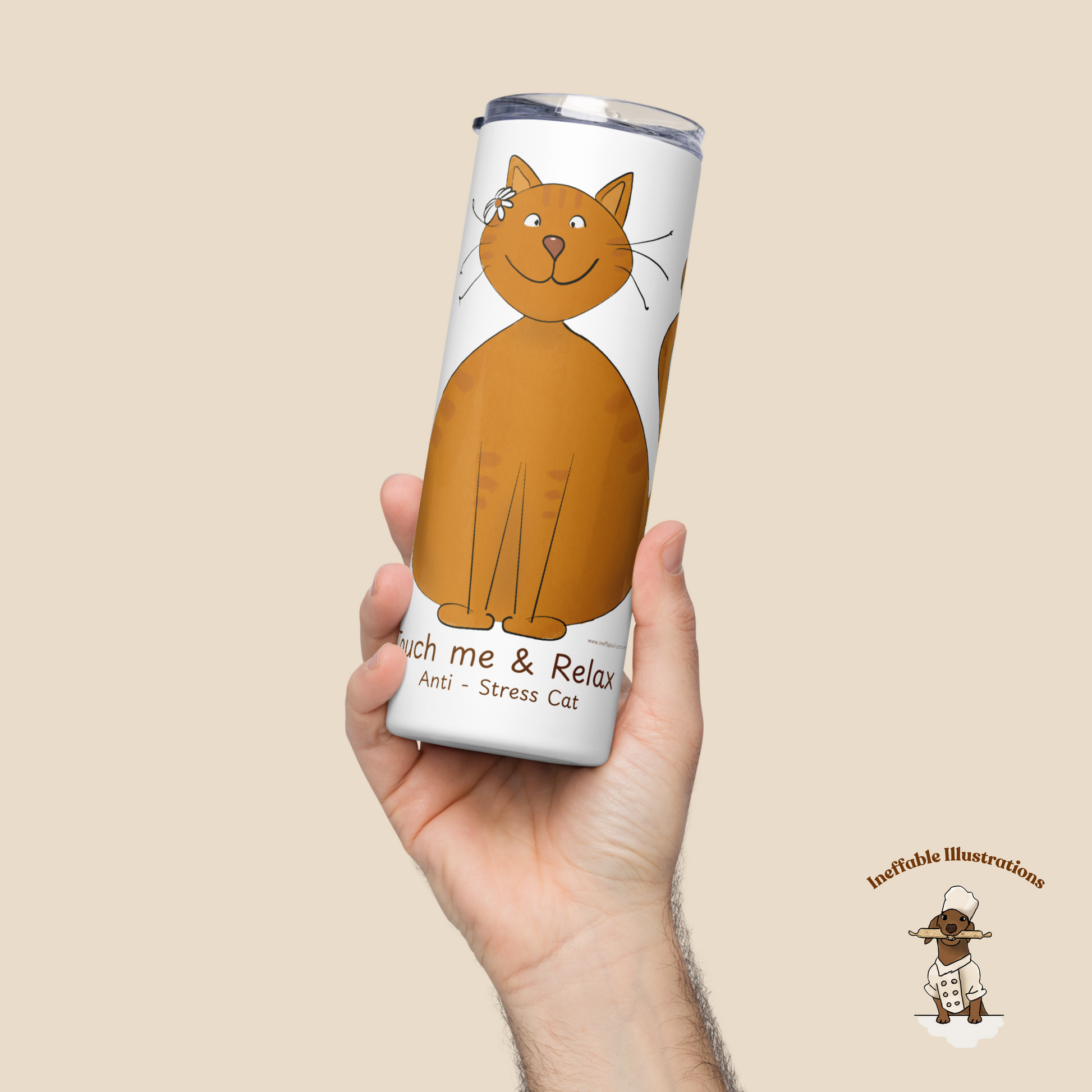Funny Ginger Cat Stainless Steel Tumbler – Hand-Drawn Anti-Stress Cat, Reusable Travel Tumbler with Metal Straw - Ineffable Illustrations