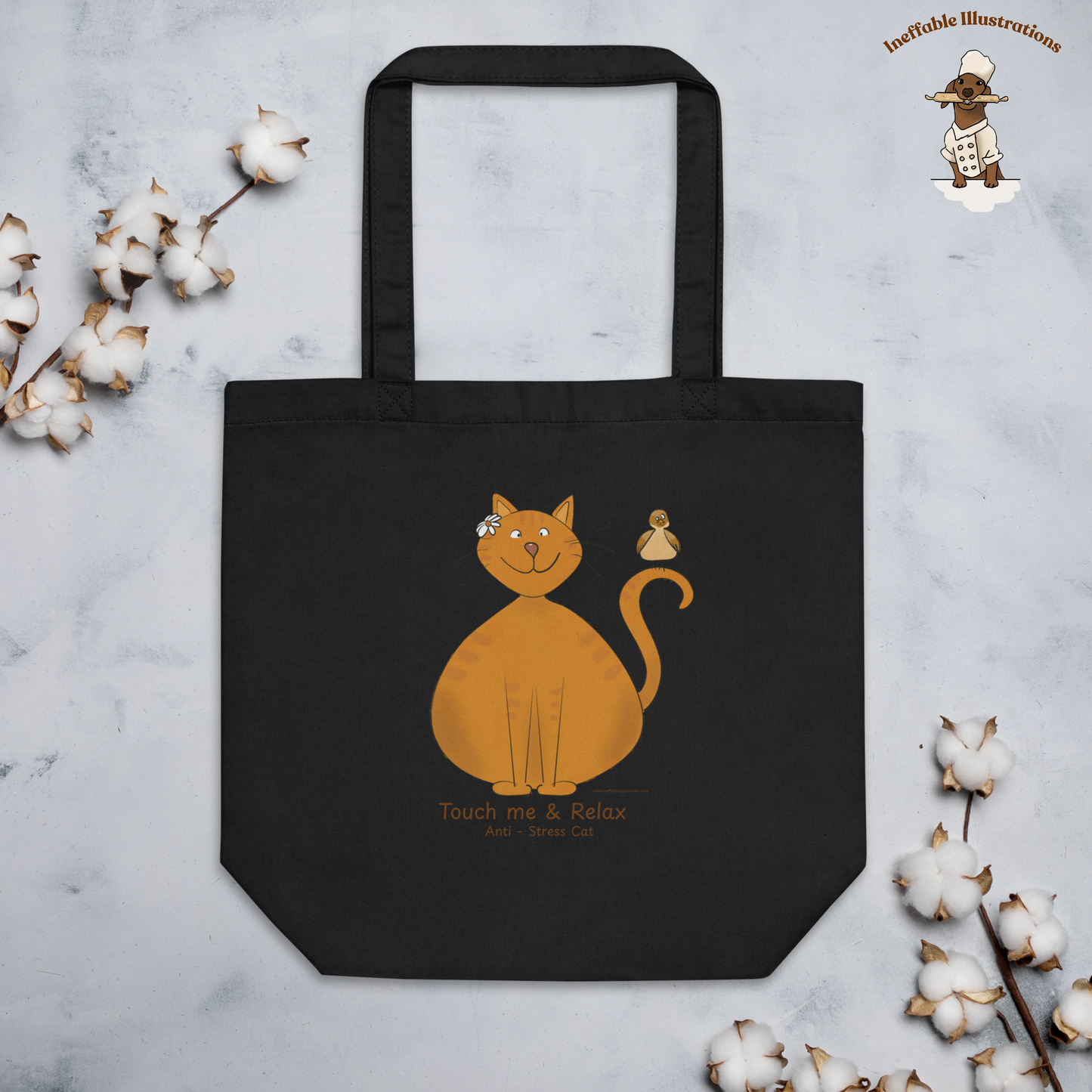 Funny Ginger Cat Tote Bag – Hand-Drawn Anti-Stress Cat with Relaxed Bird on Tail Design | Eco-Friendly Cotton Canvas Reusable Shopping Bag - Ineffable Illustrations