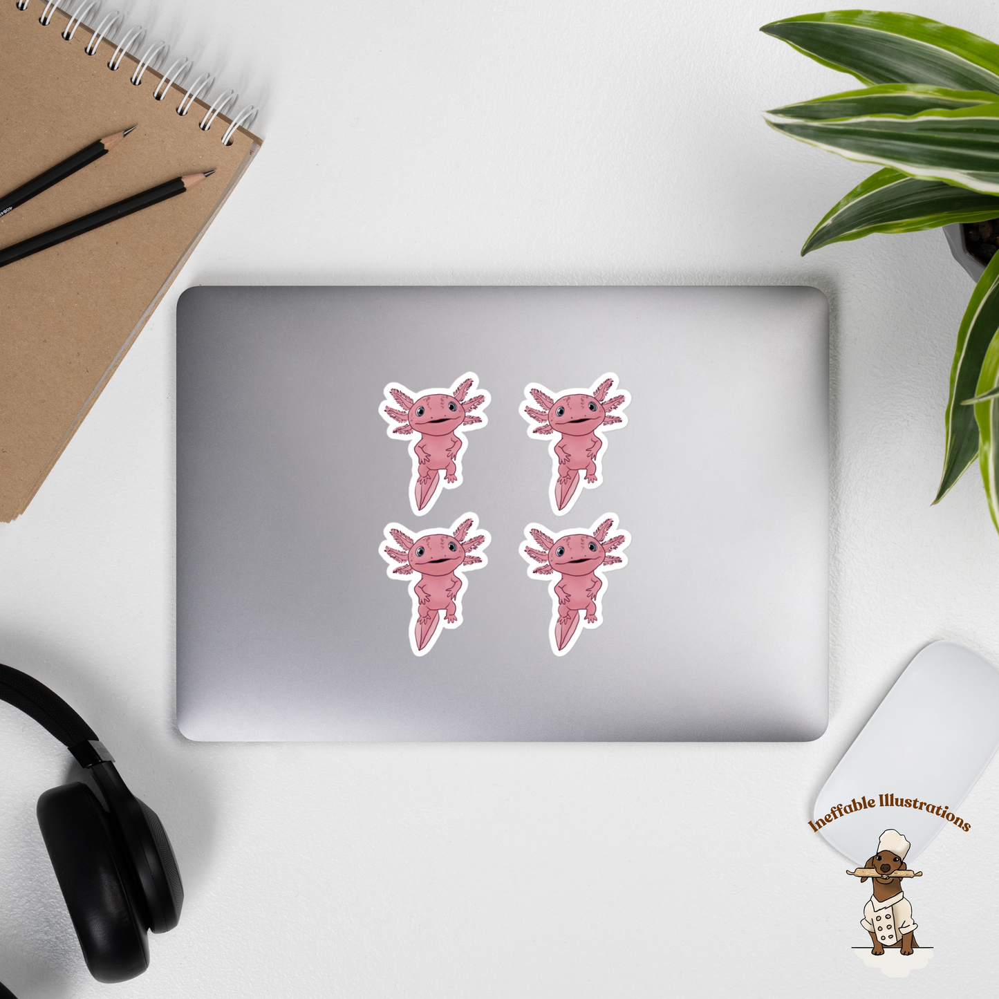 Cute Axolotl Alex Stickers Bubble Free, Waterproof Decorative Decals for Laptops, Phones & Notebooks - Ineffable Illustrations