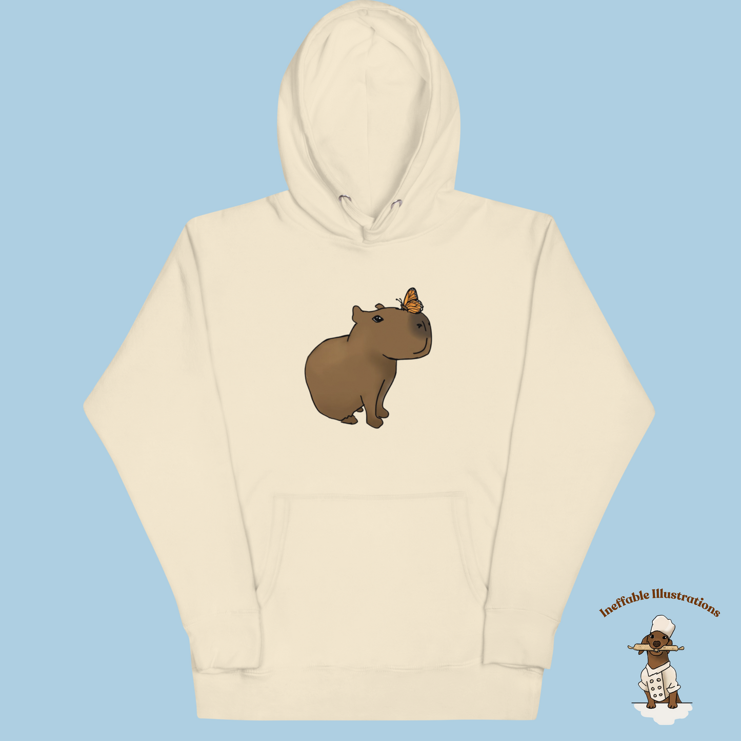 Unisex Hoodie with Cute Capybara Jolly with Butterfly Hand Drawn Print, Cozy & Stylish Apparel for Animal Lovers