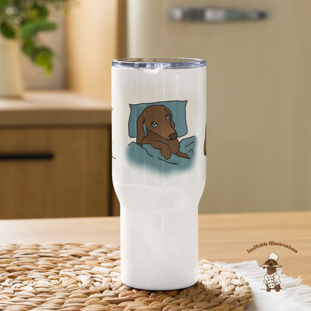 Mug "Oliver traveling with you". Dachshund Travel Mug with Handle: Cute dachshund Oliver Working on Computer, Cooking & Relaxing- Perfect Coffee Mug for any Activity!