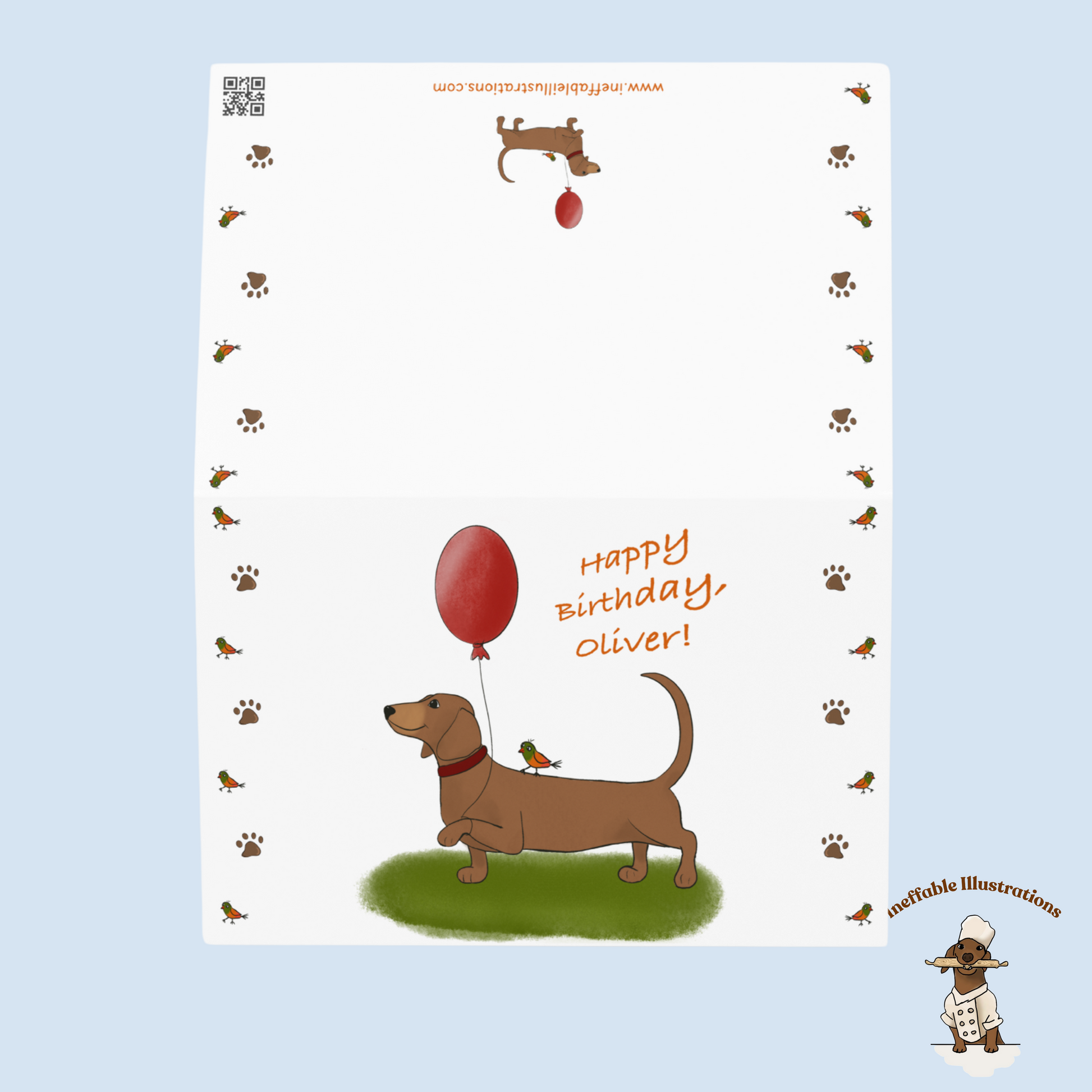 Personalized Birthday Card Dachshund Oliver with Balloon & Cute Bird, Custom Dog Greeting Card for Kids and Adults - Ineffable Illustrations