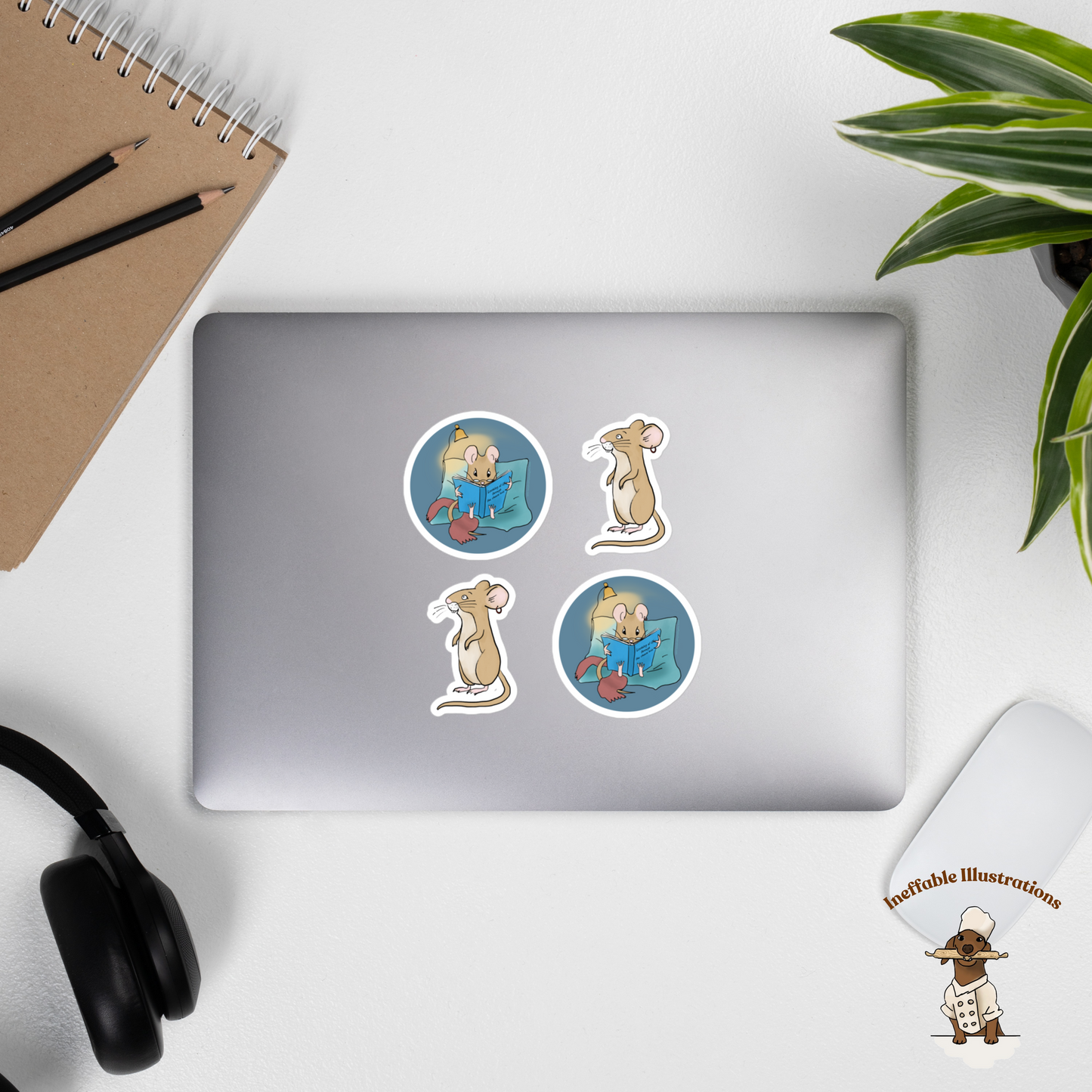 Bubble-Free Mouse Pedro Stickers Set – Cute Standing & Reading Book Designs, Decorative Decals for Laptop, Planner and Journals - Ineffable Illustrations