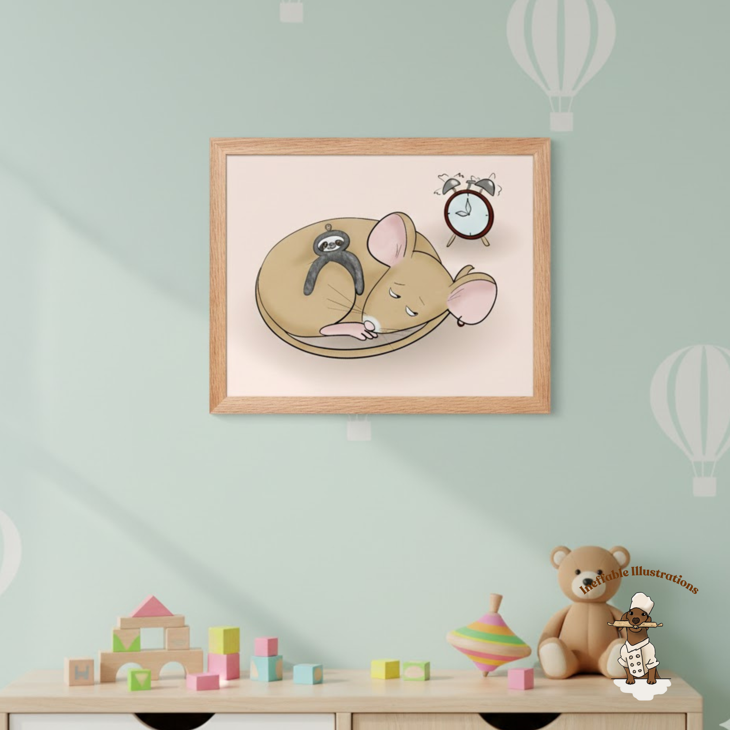 Sleepy Pedro Mouse with Sloth Toy - Nursery & Kids Room Framed Poster