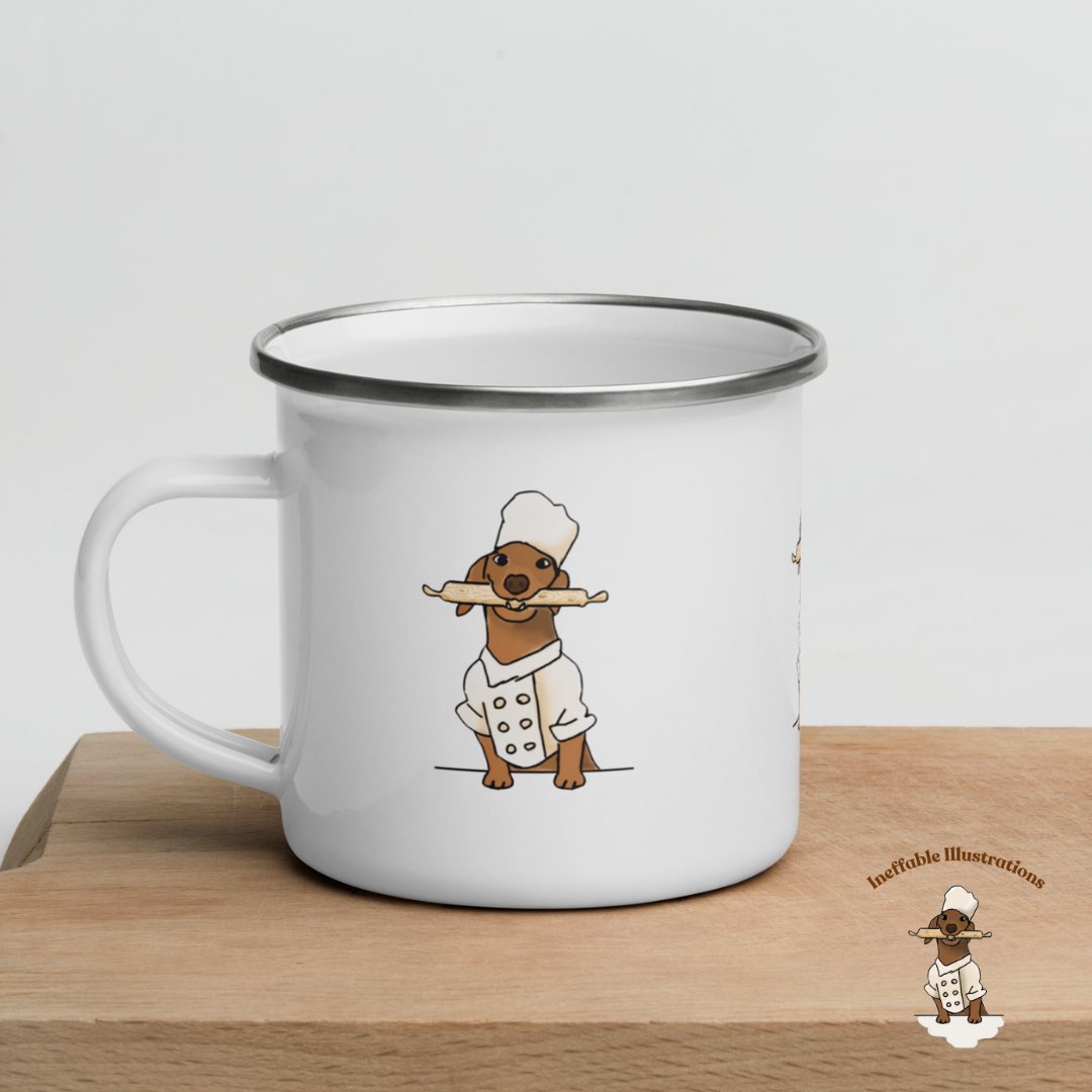 Mug. Enamel Mug "Oliver cooking". Cute Sausage Dog Chef Mug for Cooking & Coffee Lovers, Unique Gift for Dog Owners