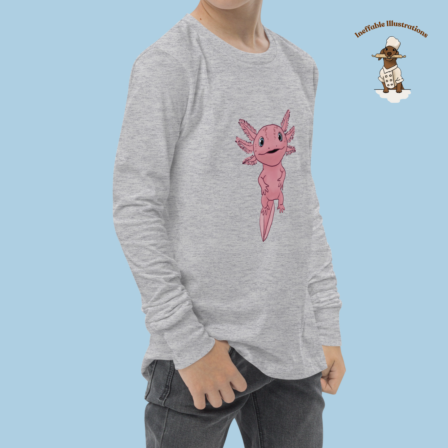 Axolotl Youth Long Sleeve Tee, Cute Axolotl Shirt for Kids, Adorable Hand Drawn Illustration Tee, Fun Gift for Boys & Girls