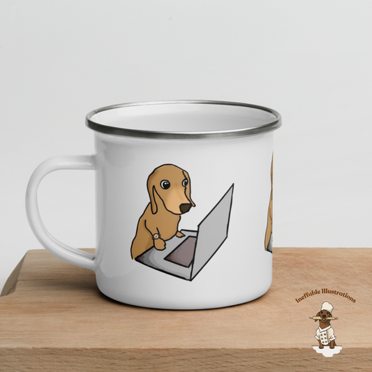 Mug. Enamal Mug "Oliver working on Computer". Cute sausage dog Enamel Mug. Dachshund lover gift