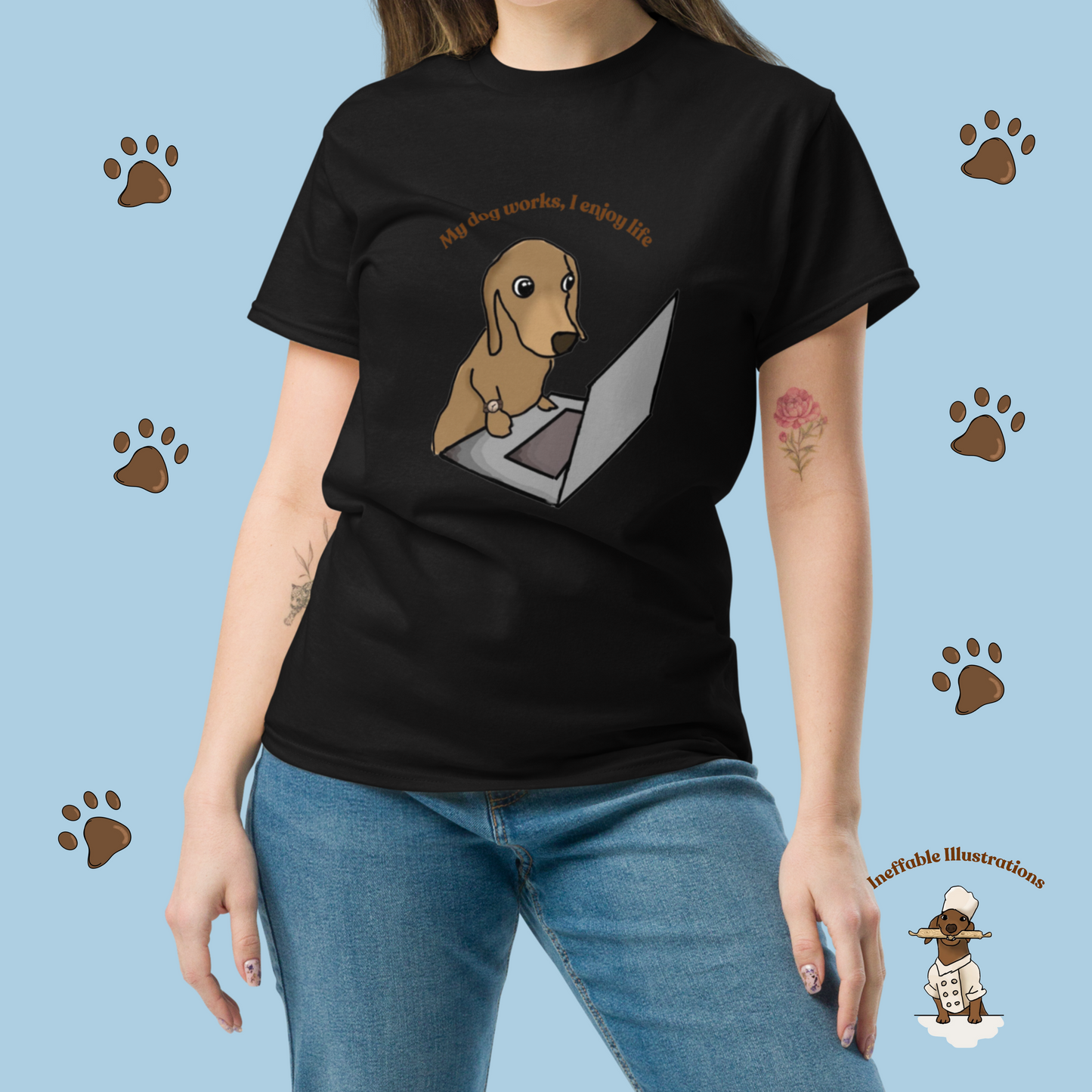 Shirt "Oliver works, I enjoy life". Funny Dog Illustration Tee | Hand-drawn Design | Trendy 100% Cotton Shirt